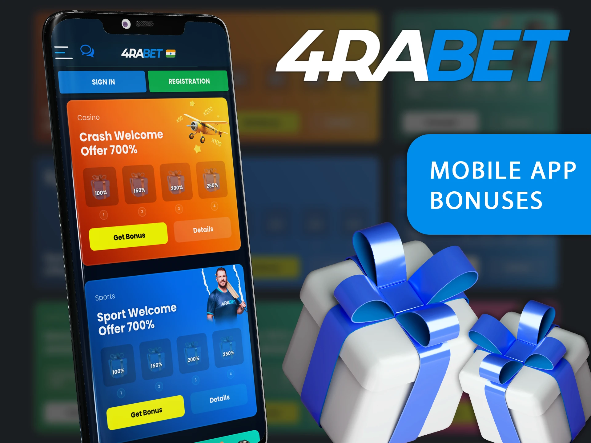 In the 4RaBet mobile app you will find all sports and casino bonuses.