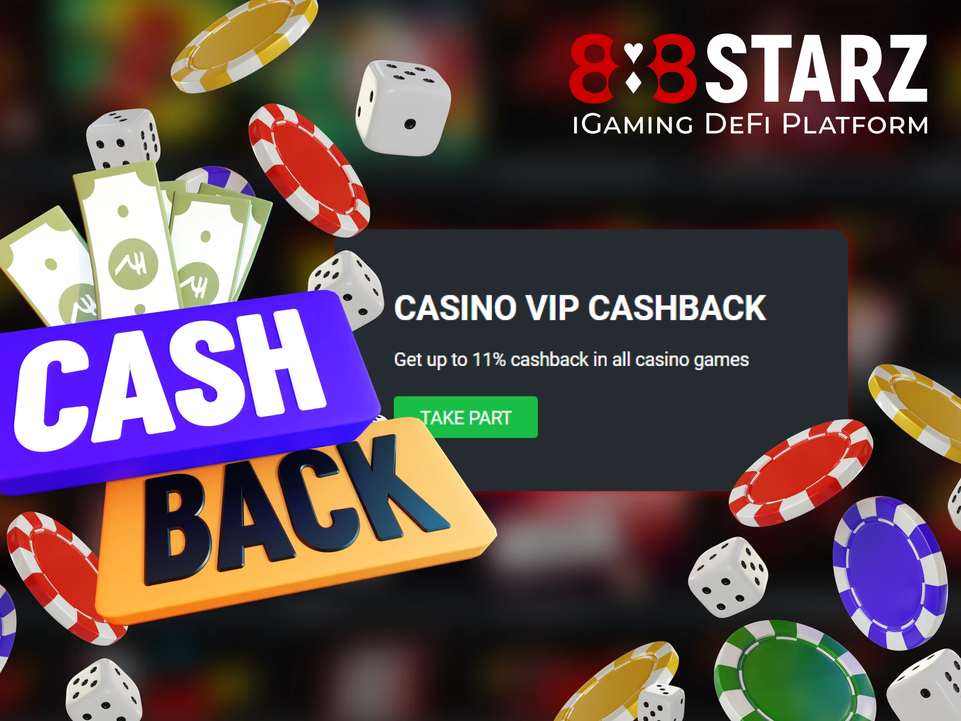 888Starz VIP Cashback Casino invites you to join their loyalty program and receive cashback for it.