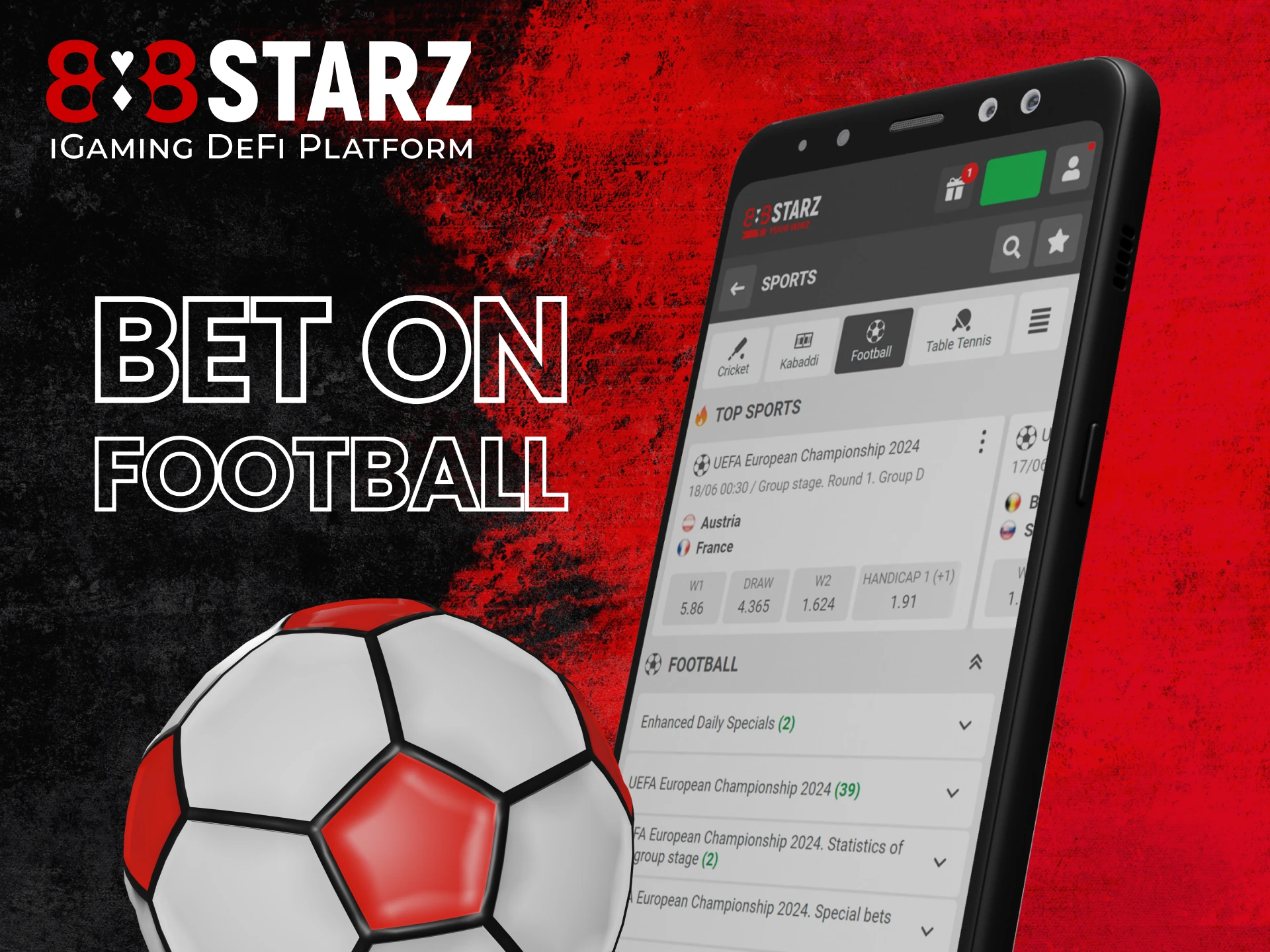 The 888Starz mobile app has a variety of different football events to bet on.
