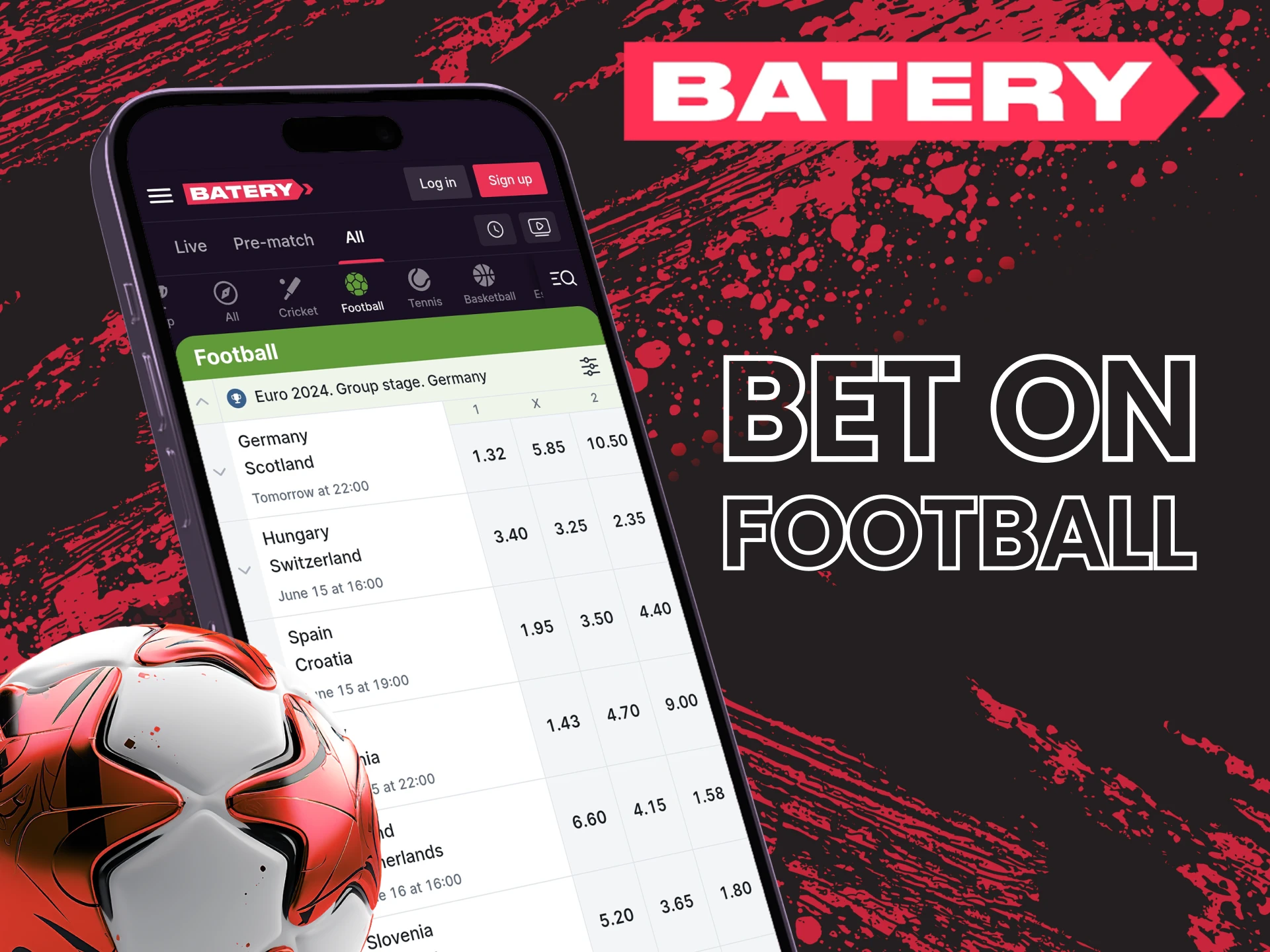 Betting on football is easy with the Batery mobile app.