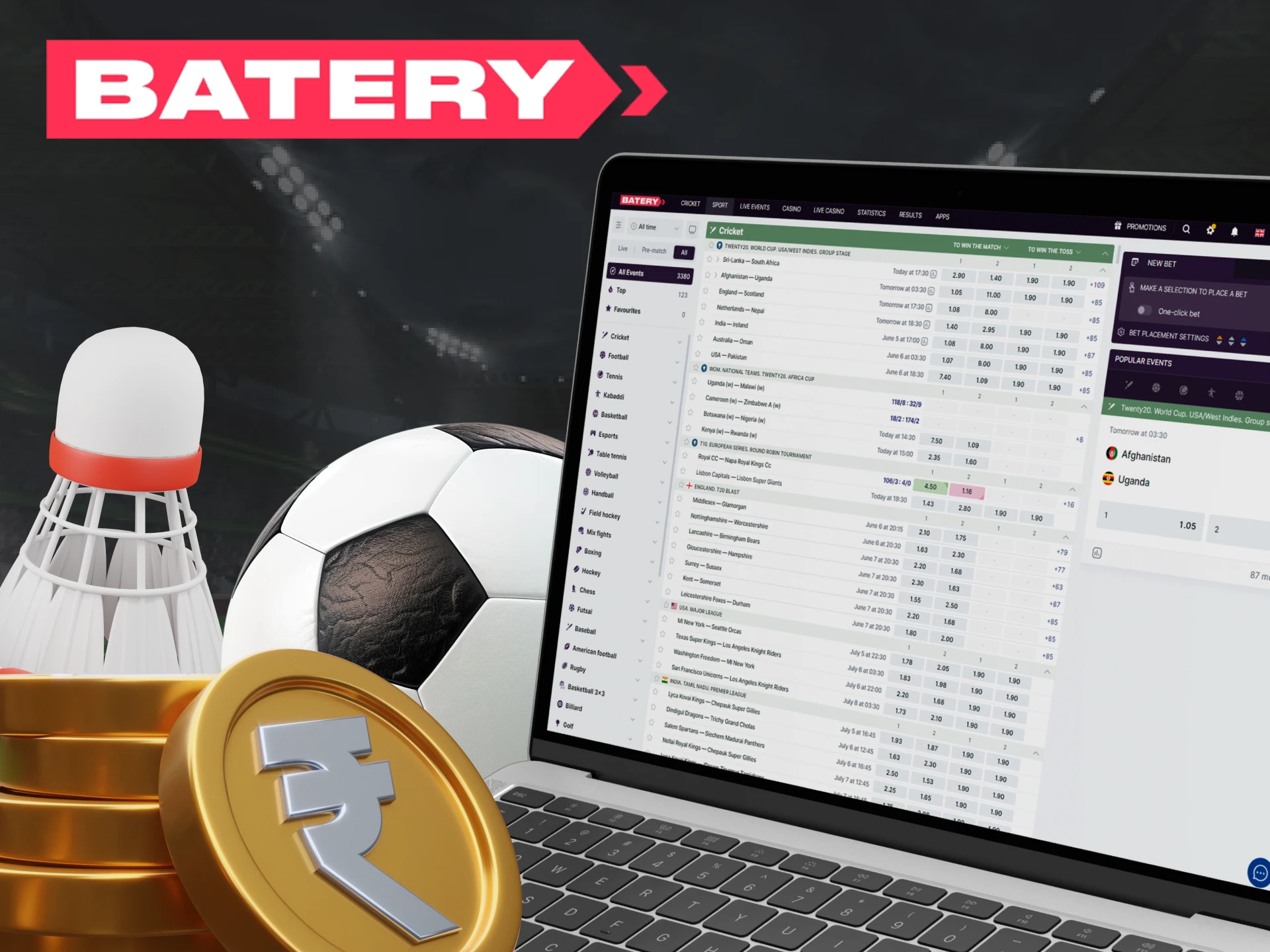 Bet on sports by creating a Batery account and receiving the sports welcome bonus.