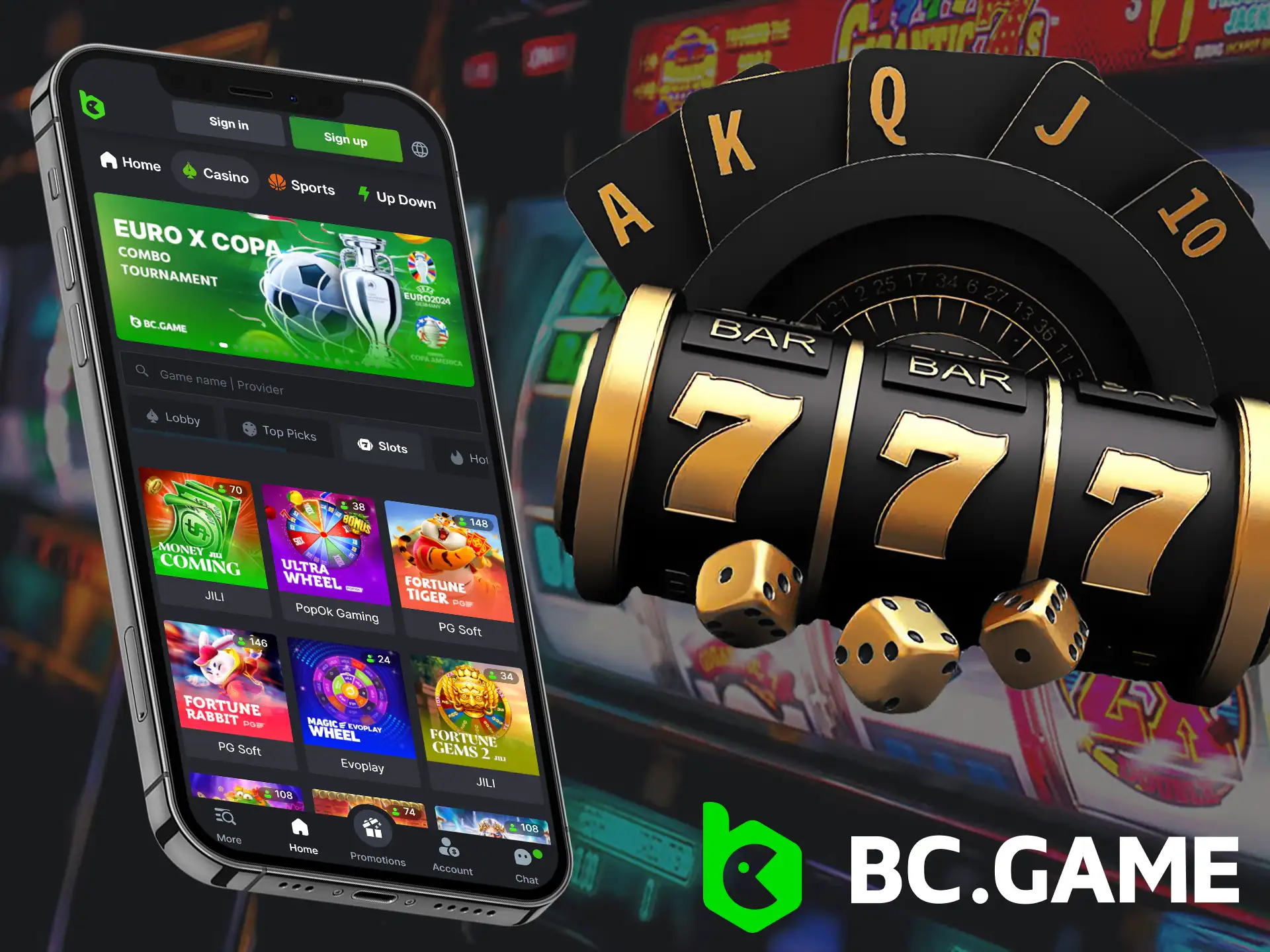 Play slot machines using the BC.Game app.