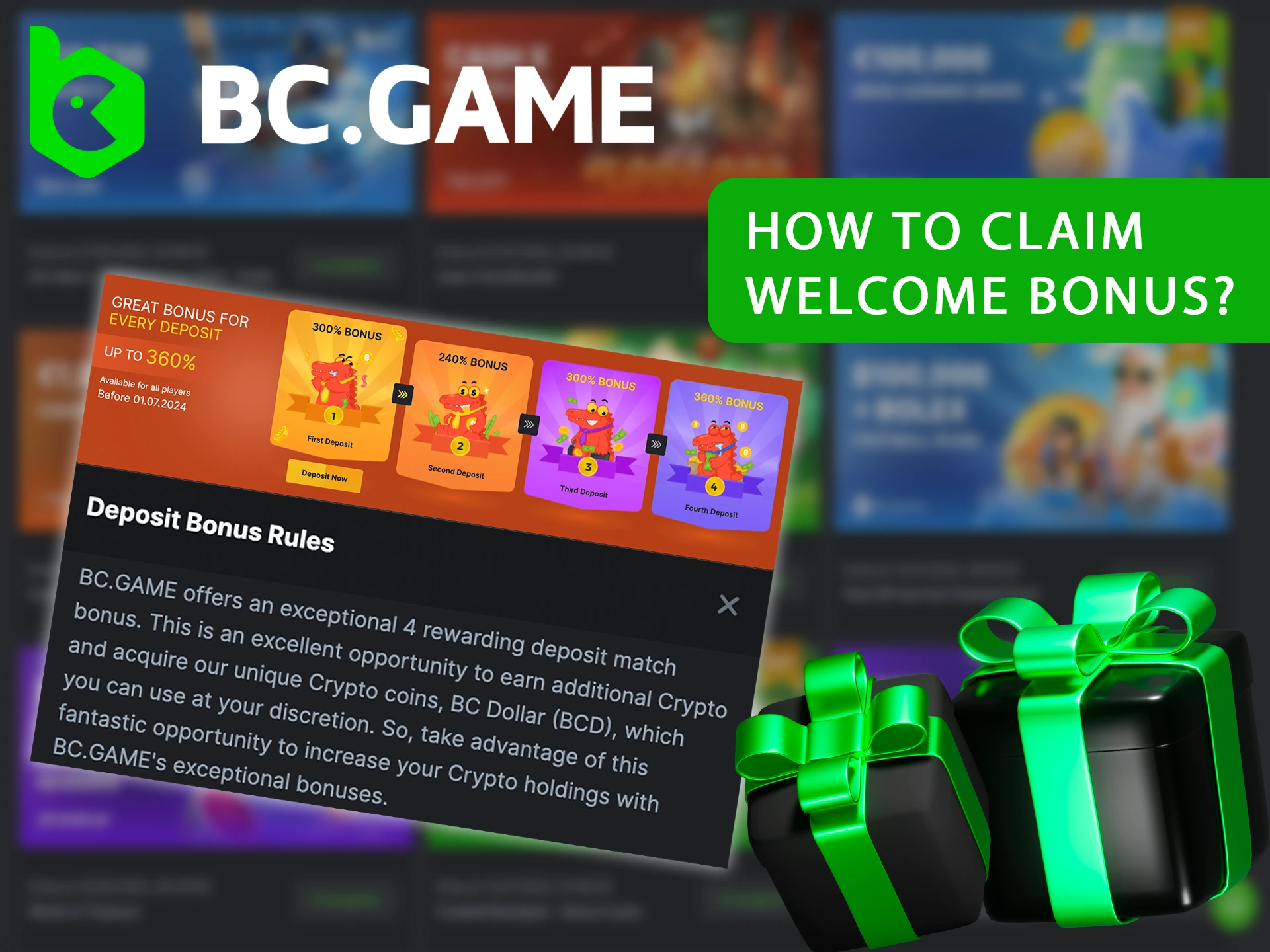 Claim the BC Game welcome bonus and boost your first four deposits.