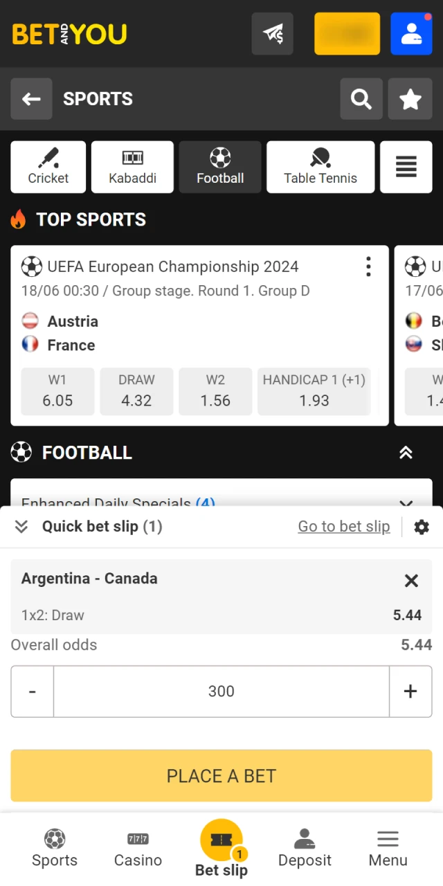 In Betandyou, select a football event and place a bet.
