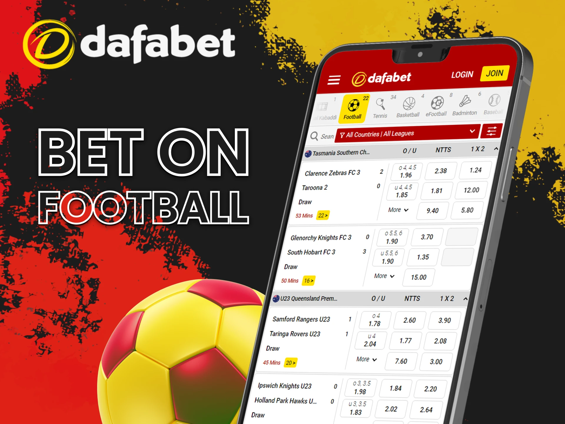 The Dafabet mobile app offers a wide selection of football events for betting.