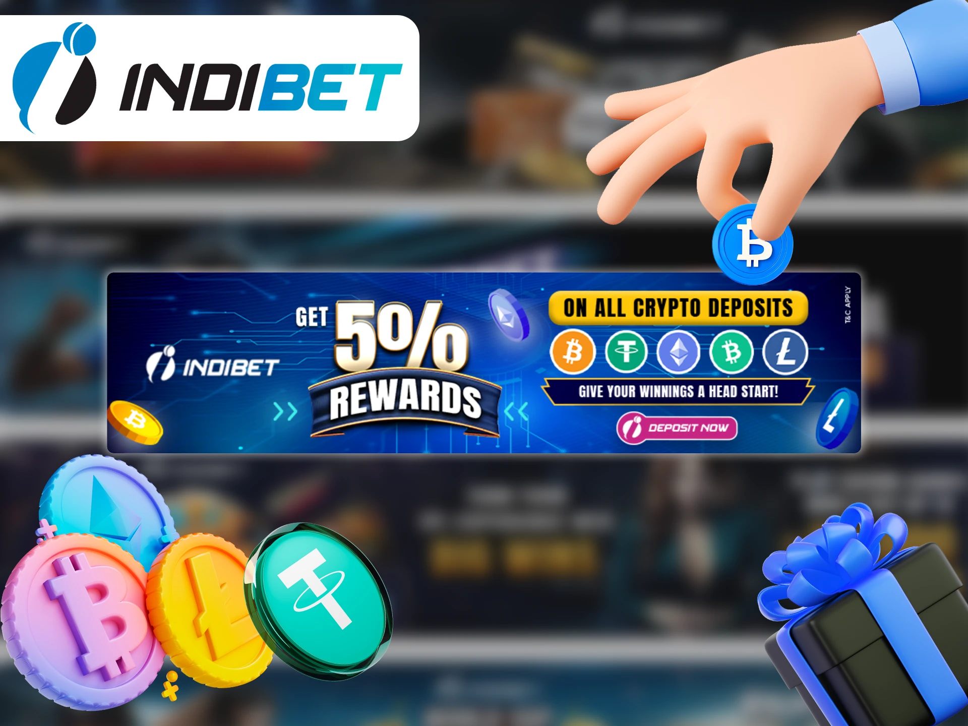 You can get bonuses and cashback by making a cryptocurrency deposit at Indibet.