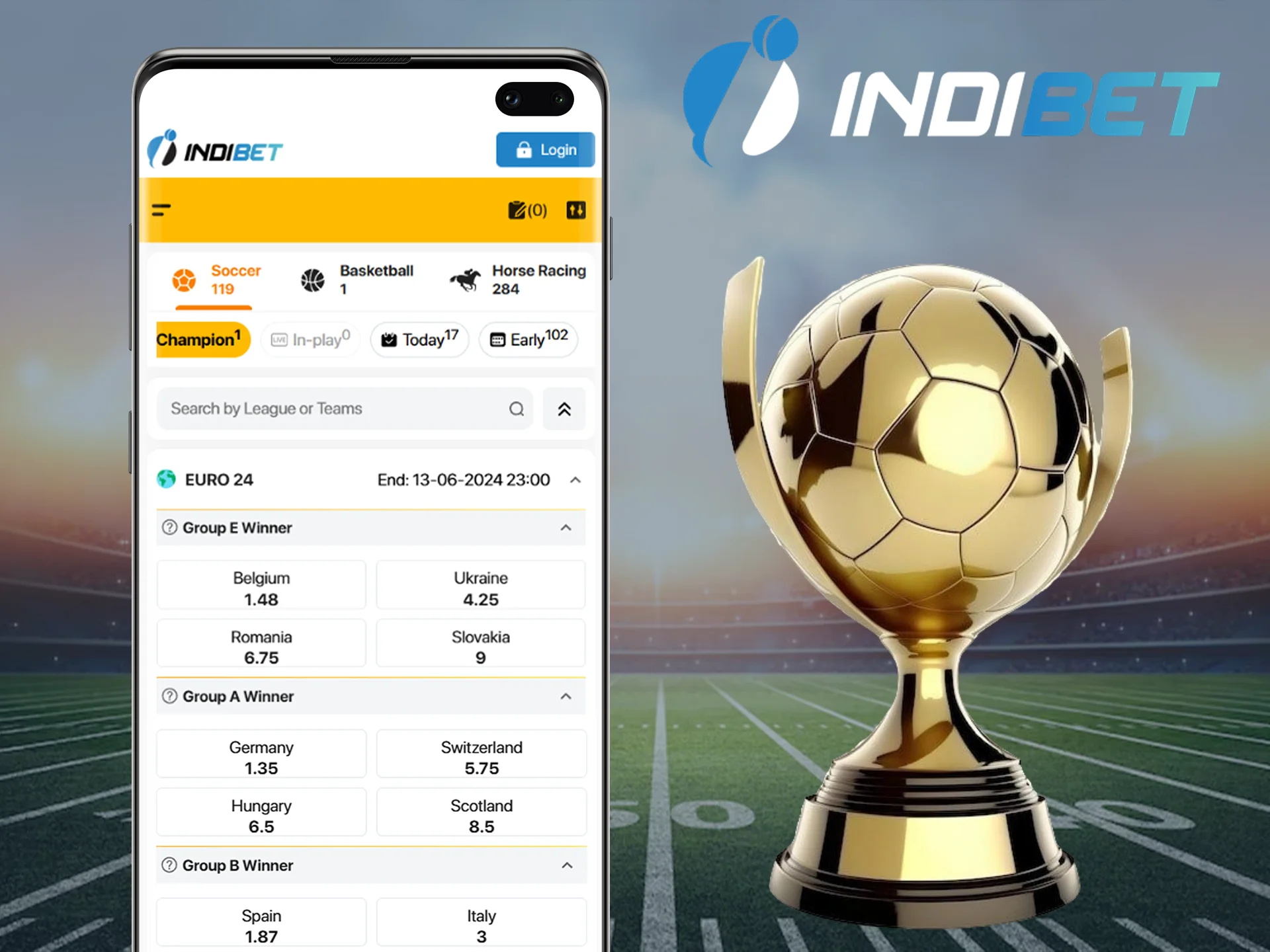 Which soccer tournaments are available for betting on Indibet.