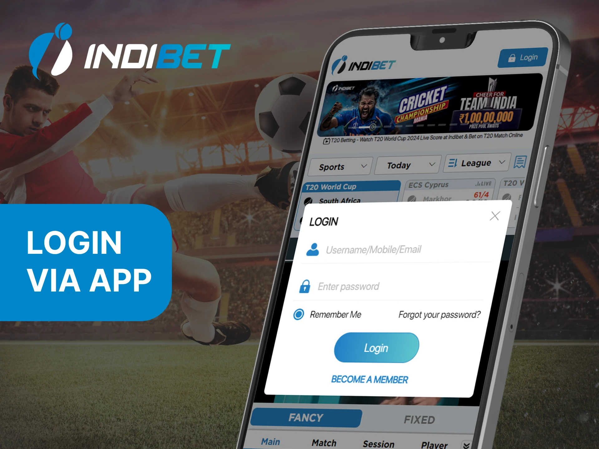 Login to your Indibet account using the mobile app.