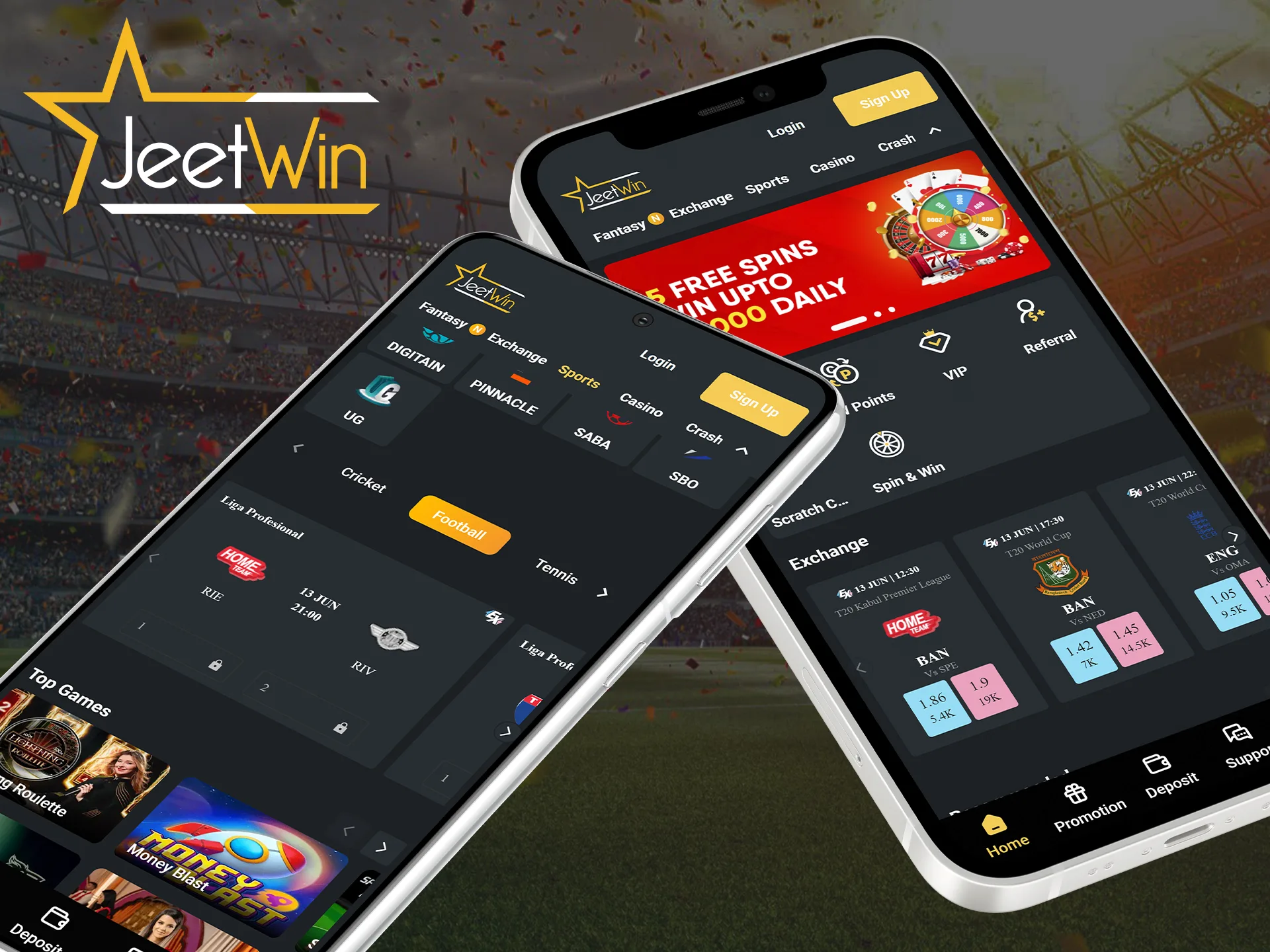 You can bet on football in the Jeetwin mobile app.
