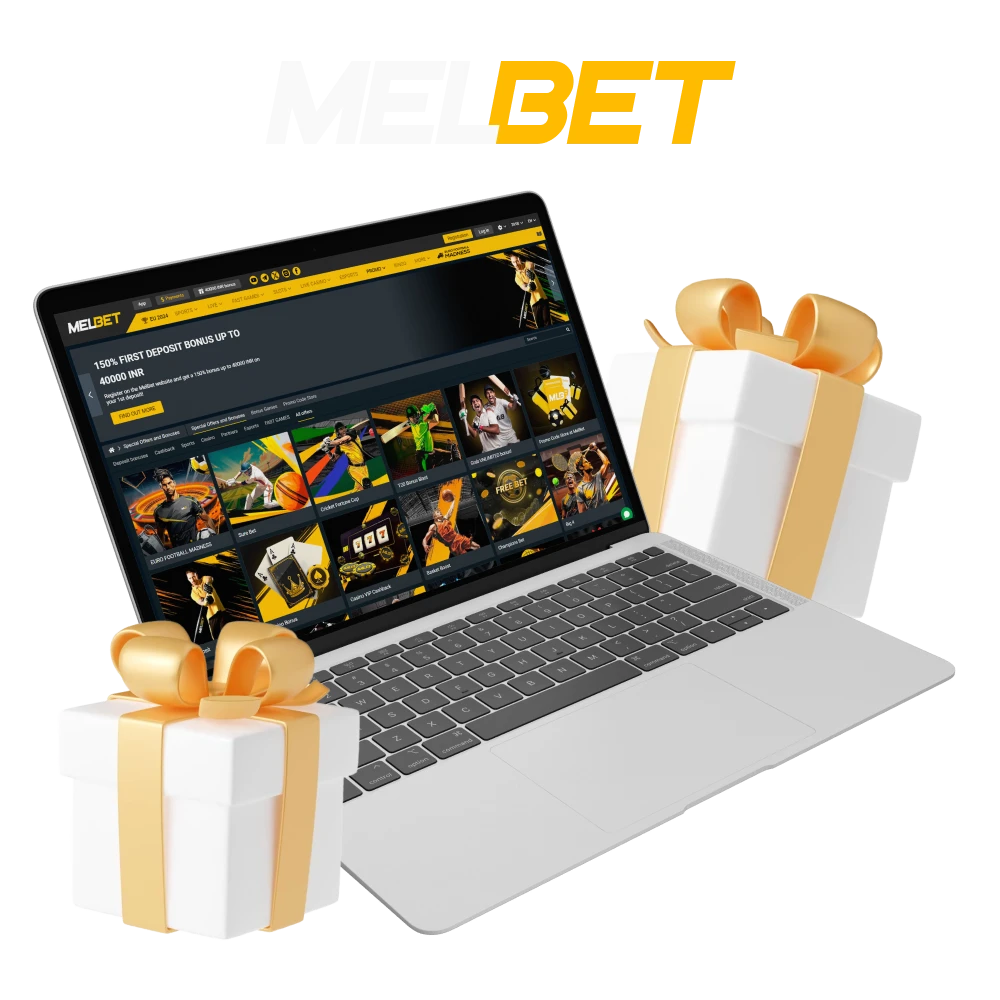 Laptop displaying Melbet bonuses page with various promotional offers