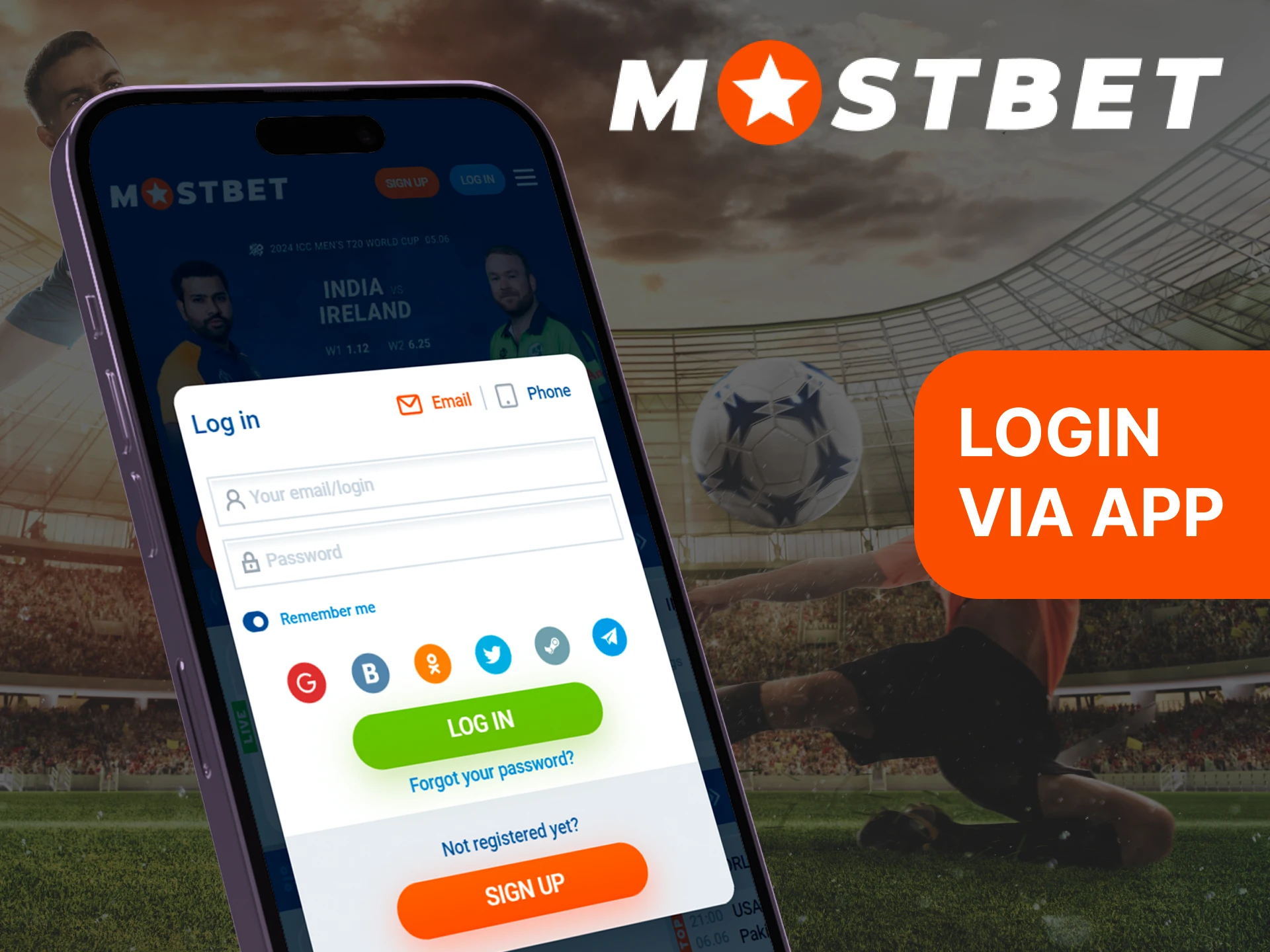 Download the Mostbet app to log into your account and place bets wherever you are.