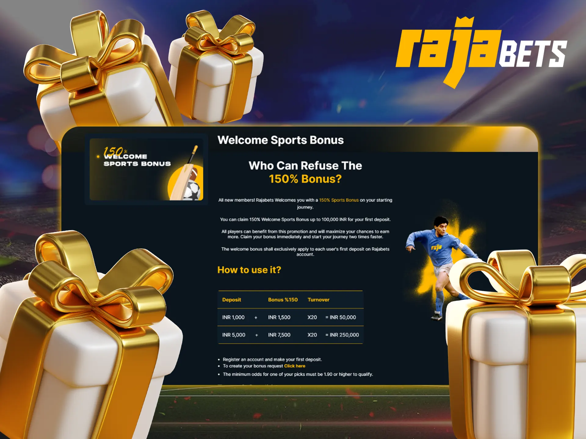 Rajabets gives a generous welcome bonus on football betting.