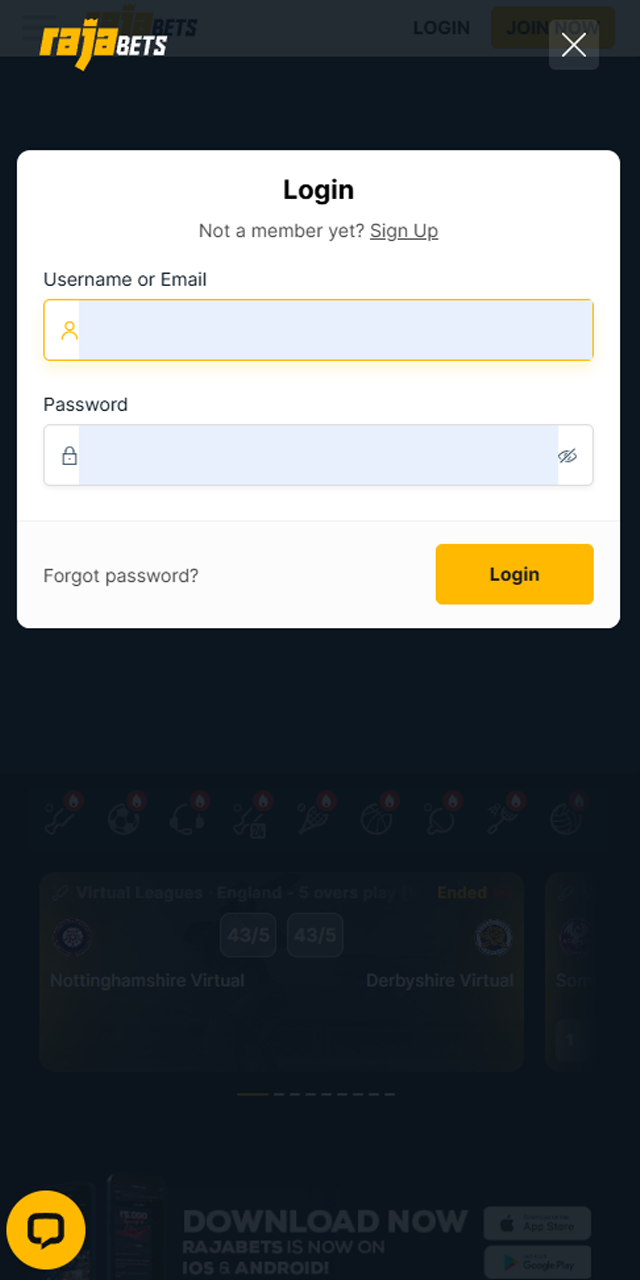 Enter your username and password to log in to Rajabets.