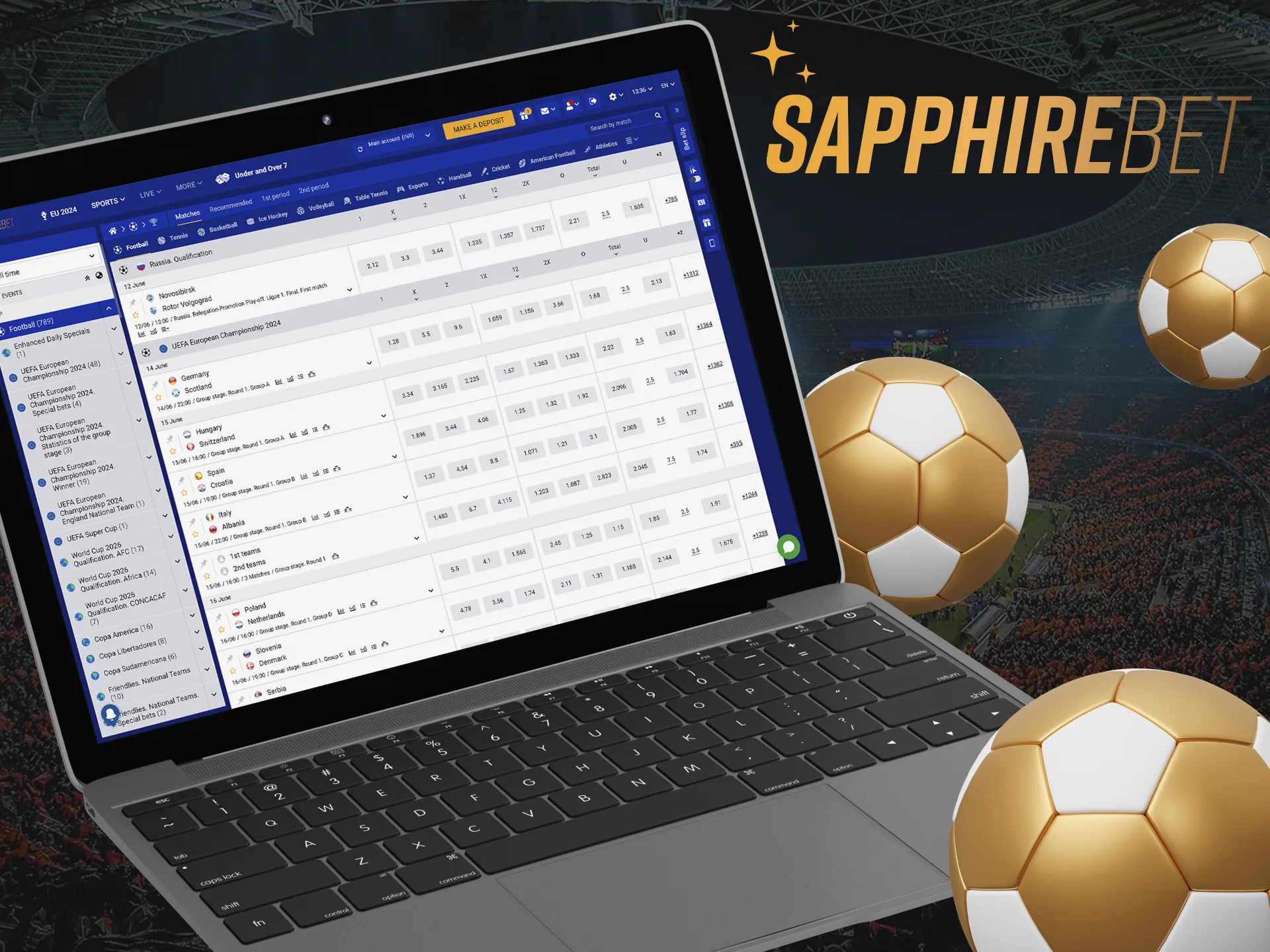 Go to the sports section on SapphireBet to find the football event you need.