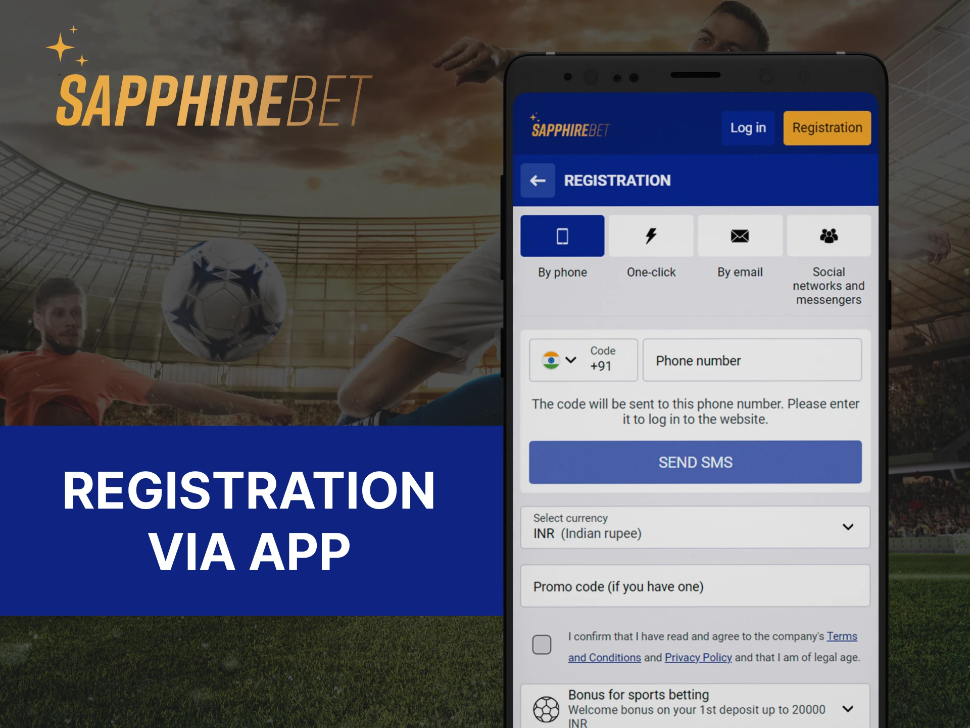 A screenshot of the Sapphirebet app's registration page, showing a button to register through the app.