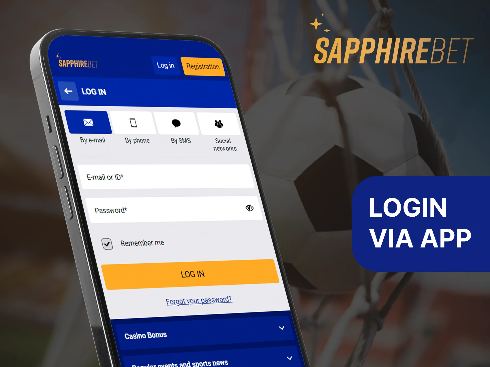 A screenshot of the Sapphirebet app's login page, showing a button to log in through the app.