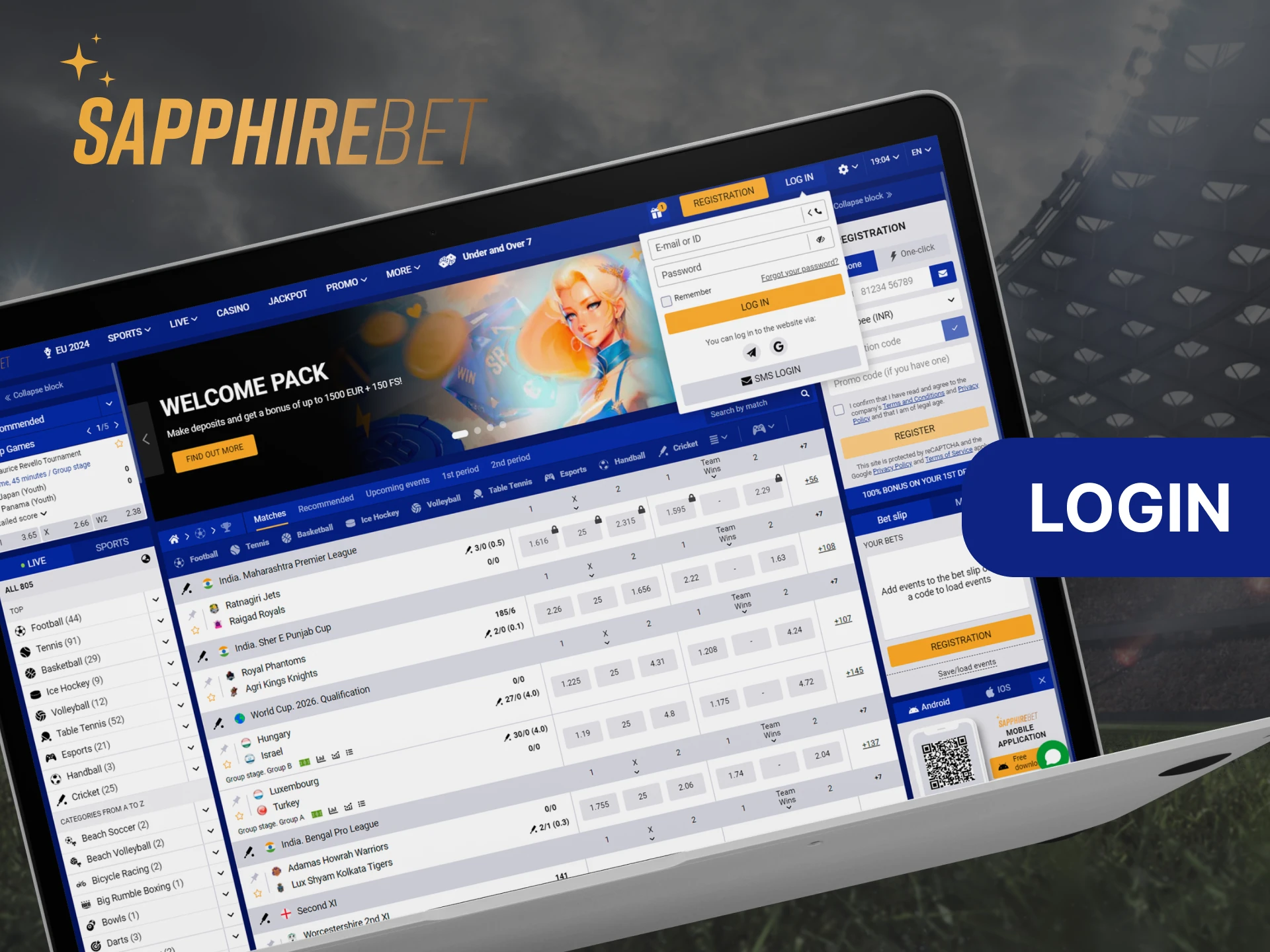 A screenshot of the Sapphirebet app's login page. The user is asked to enter their email and password to log in.