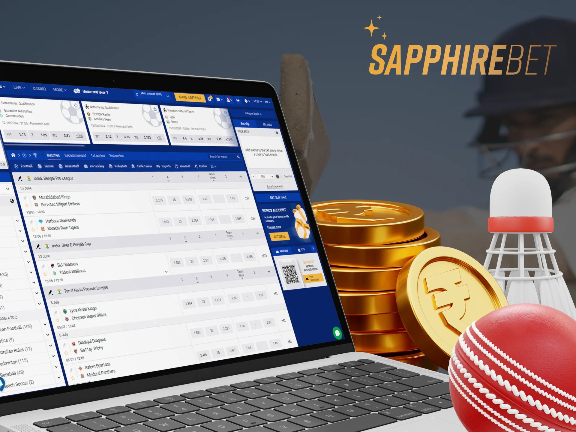 A screenshot of the Sapphirebet app's main page, showing a user placing a bet.