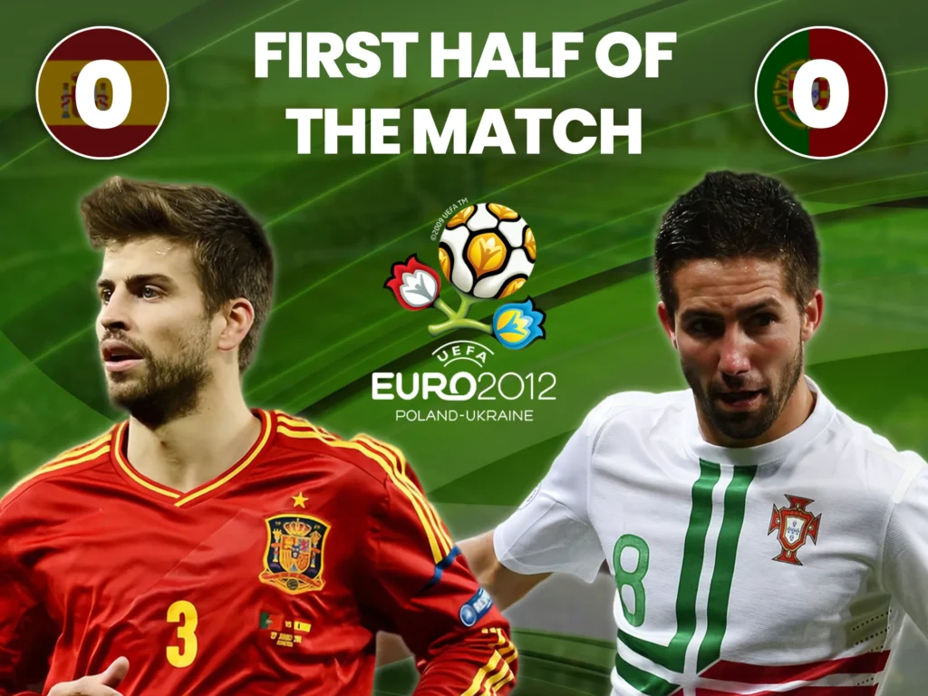 The first half was an even contest between Spain and Portugal, and no one scored a goal.