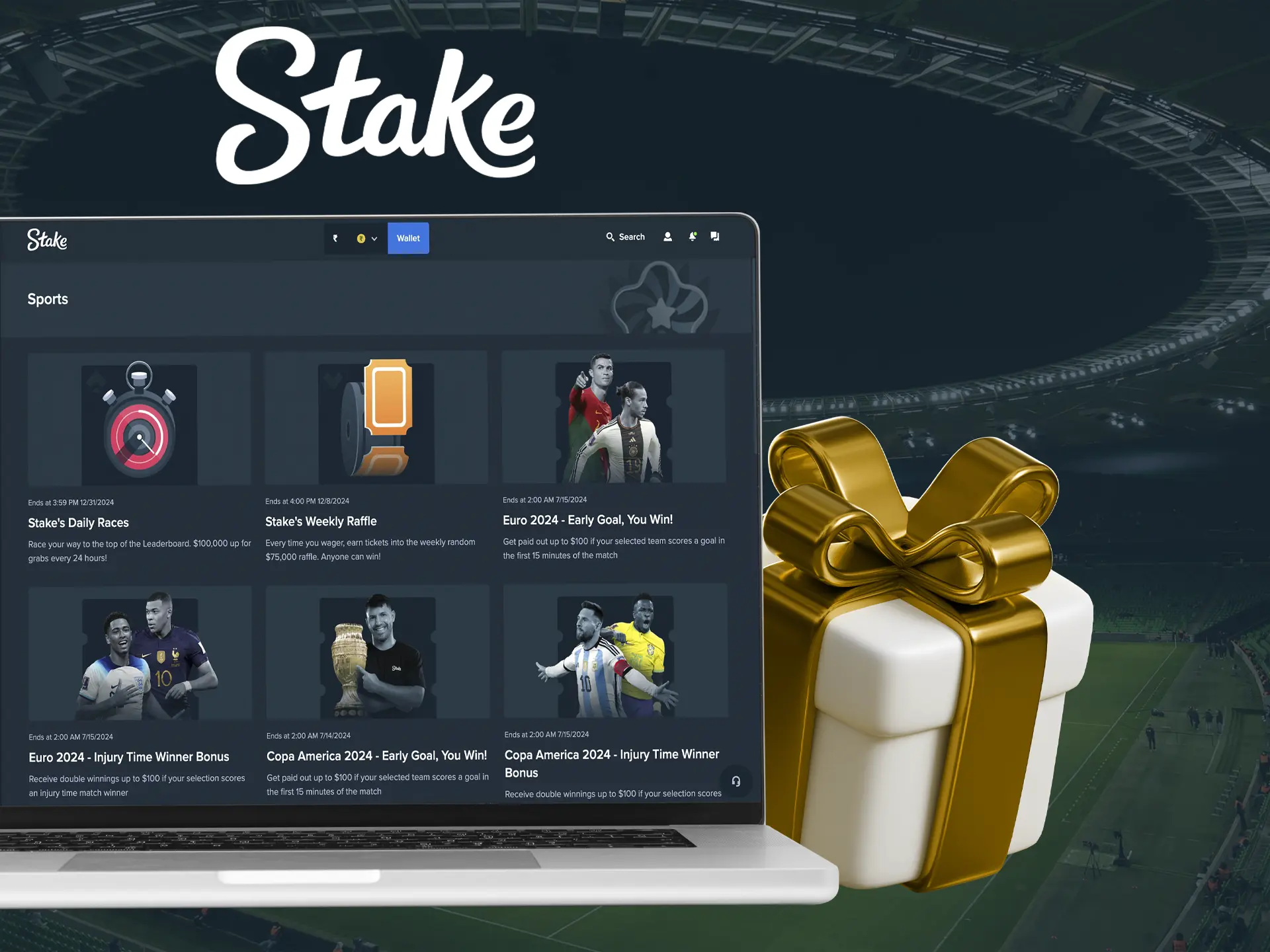 Register and start participating in Stake's bonus programme, which will significantly increase your balance.