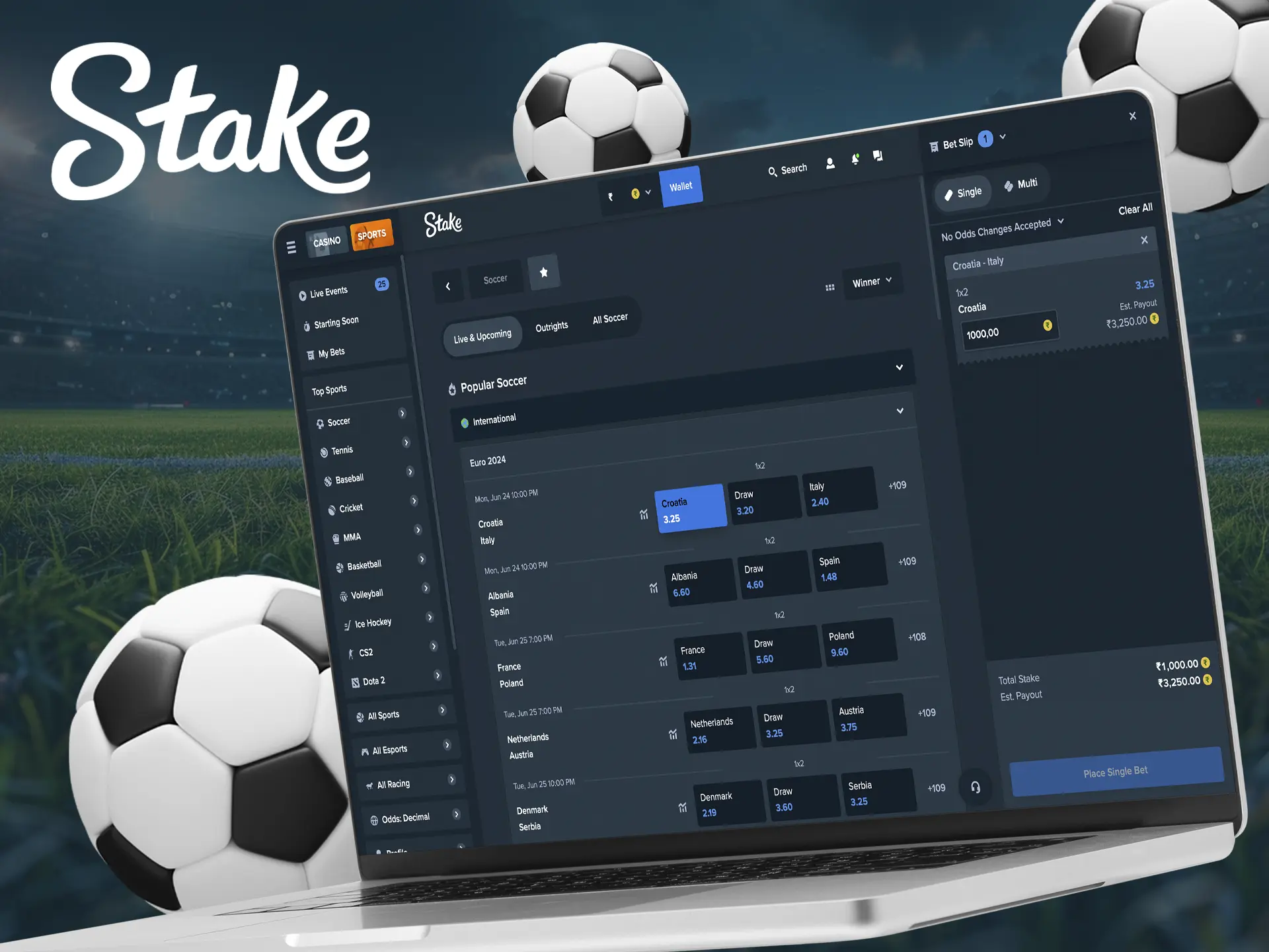 Place your bet at Stake bookmaker and enjoy the victory of your favourite team.