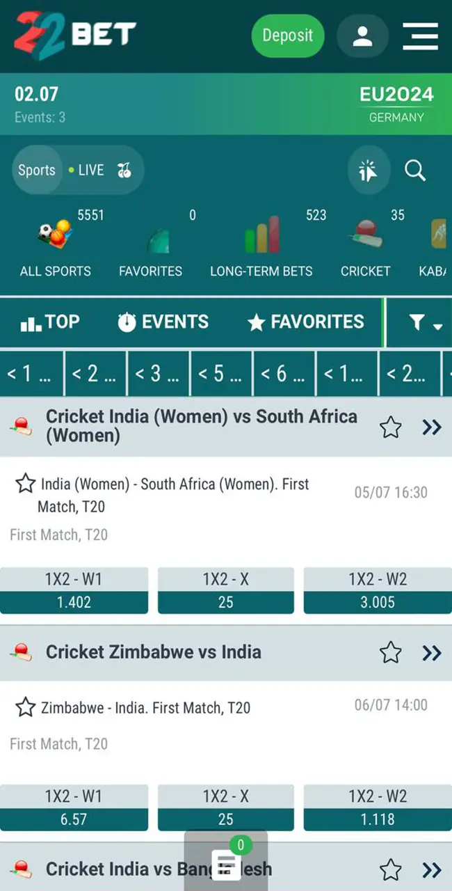 Start a page at 22Bet that displays the top cricket matches.
