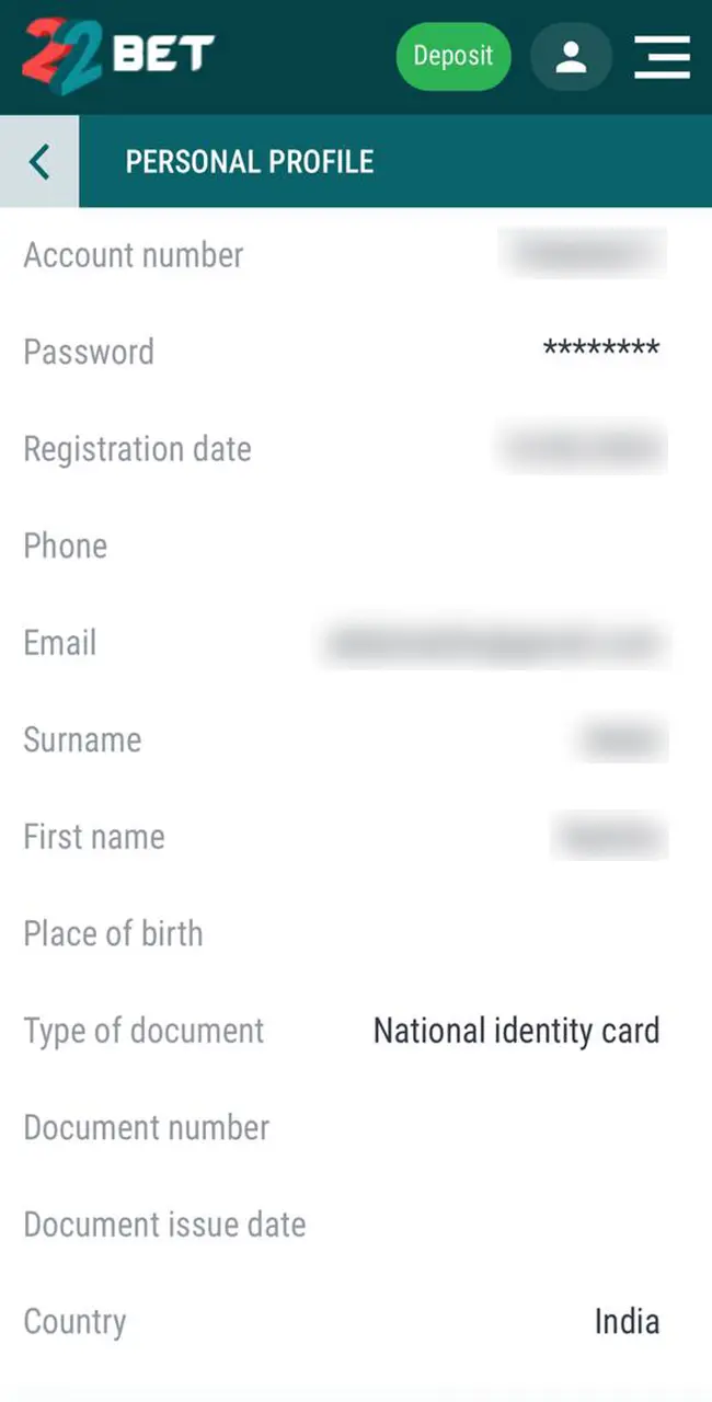 Confirm your identity to gain full access to the account features at 22Bet.