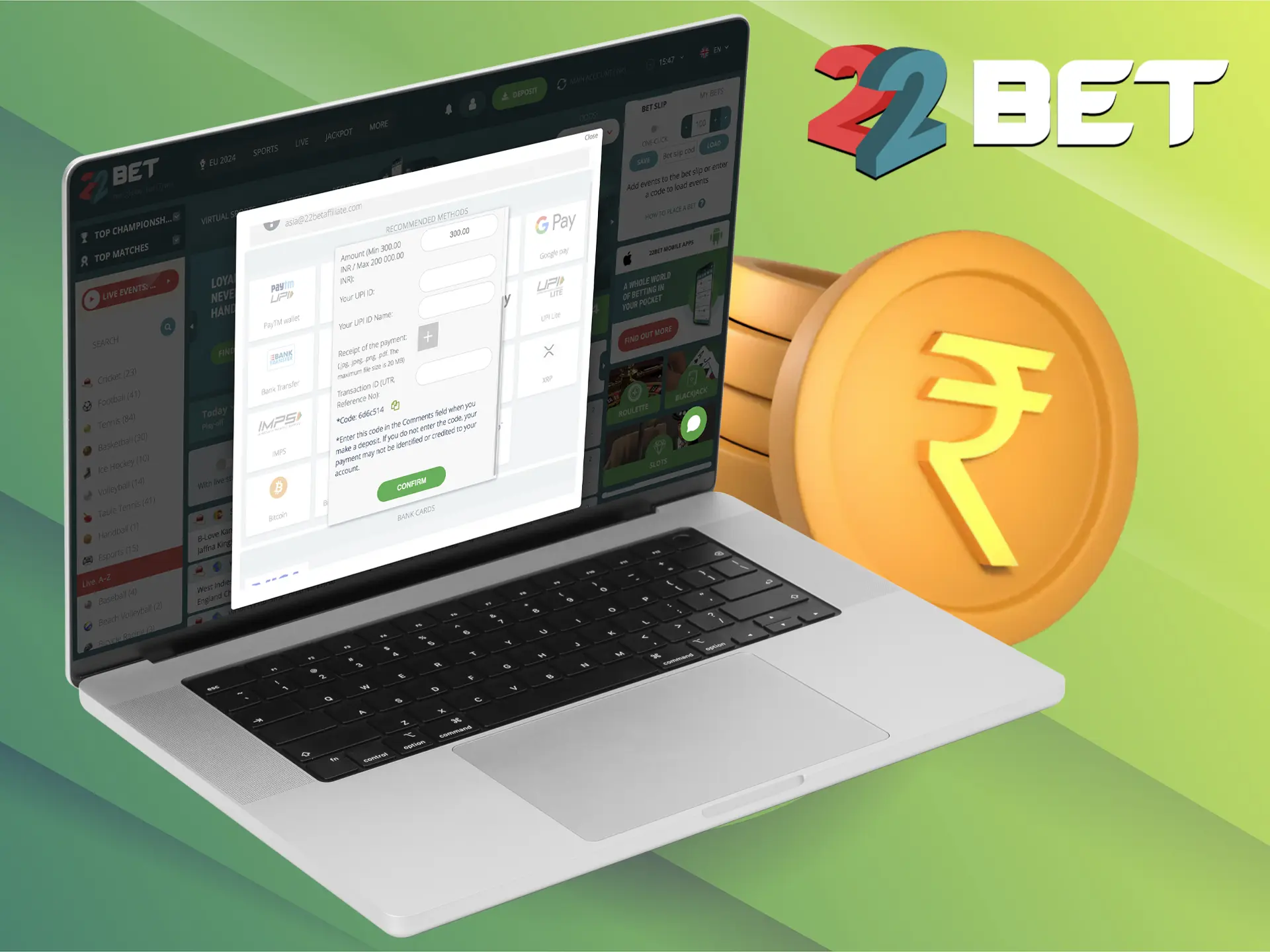 Immediately after logging into your personal 22Bet account, you are given access to deposit.