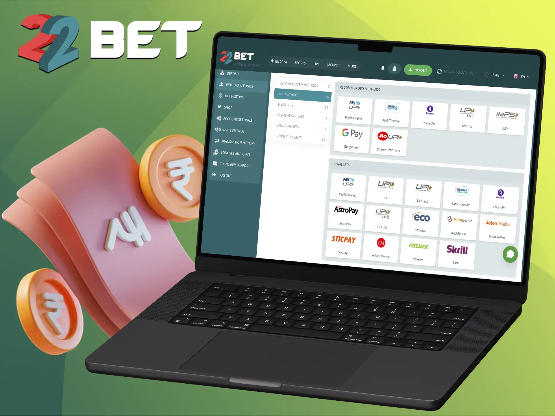 Determine a convenient and fast payment system for you to withdraw funds from 22Bet Casino.