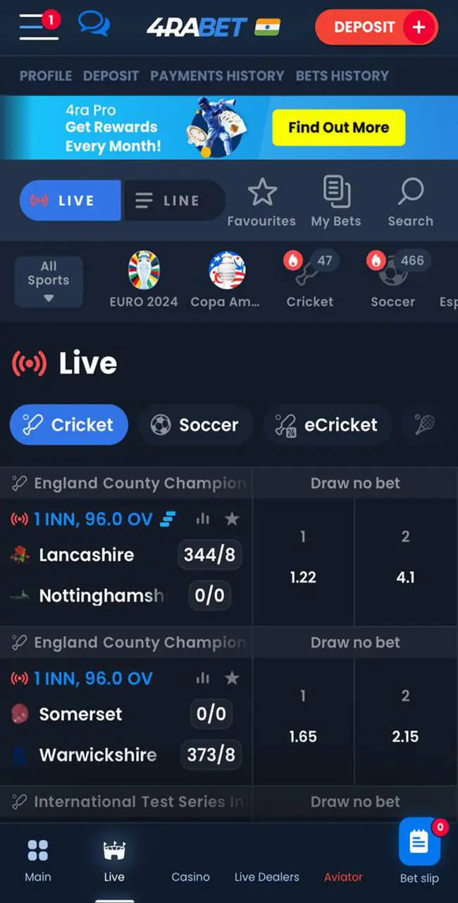 Open the cricket tab in the main section of 4rabet bookmaker.