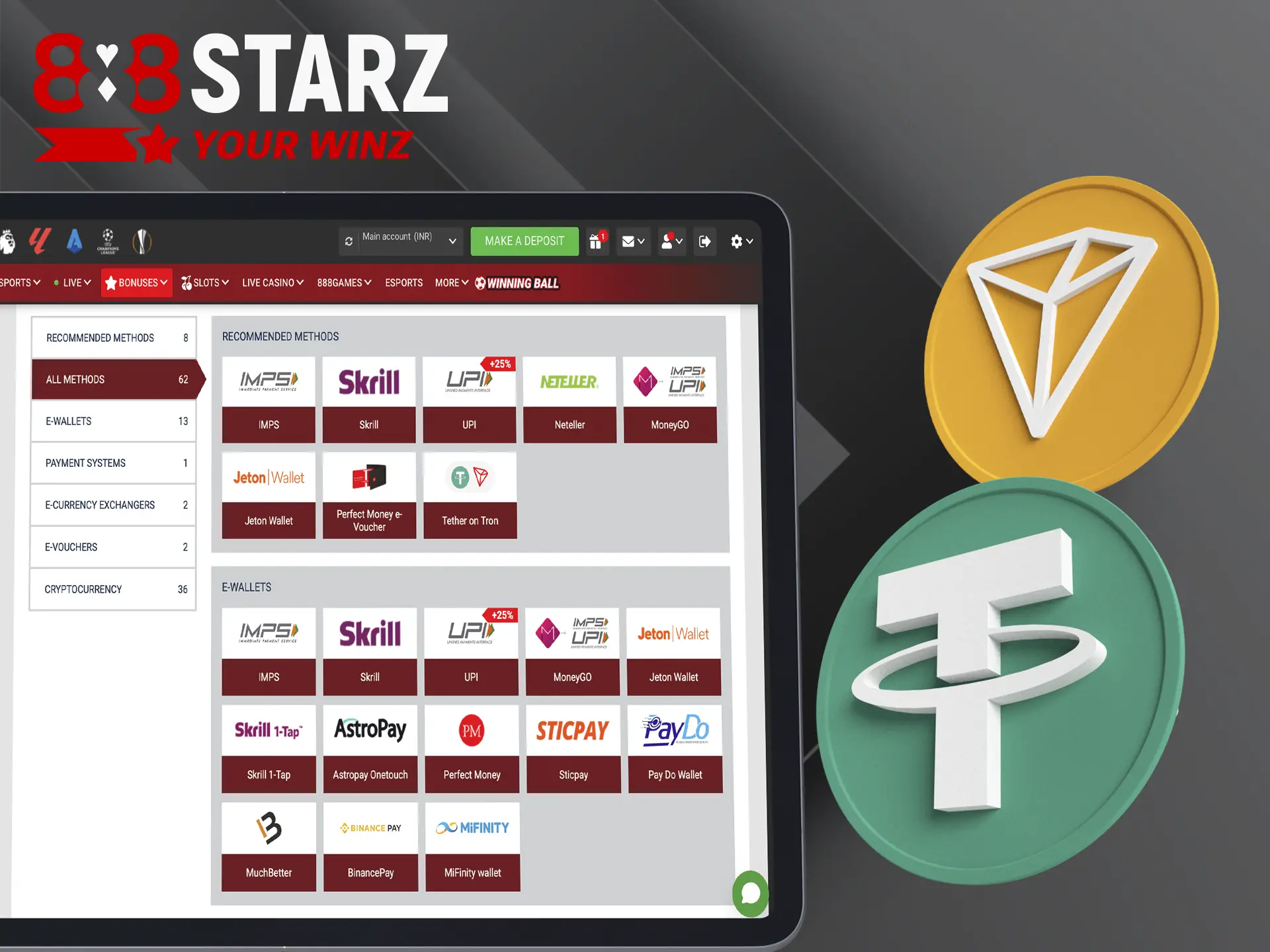 Top up your balance and get extra 888Starz bonus for deposit with certain payment systems.