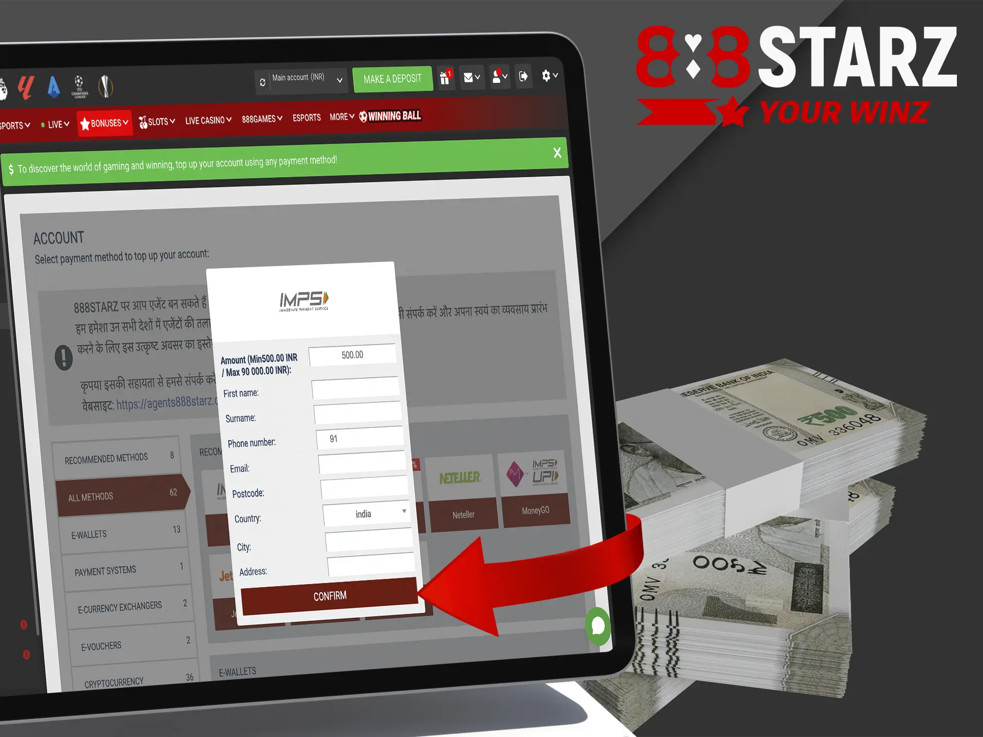 Register in one click at 888Starz Casino and get the opportunity to deposit and bet.