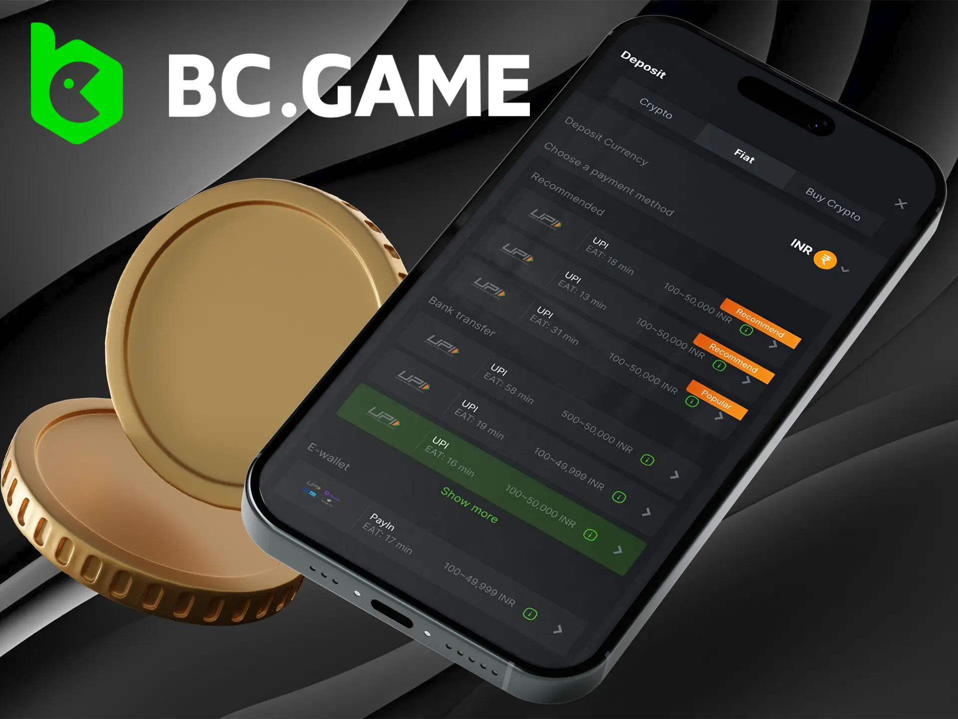 Smartphone displaying BC.Game app with various payment methods and options