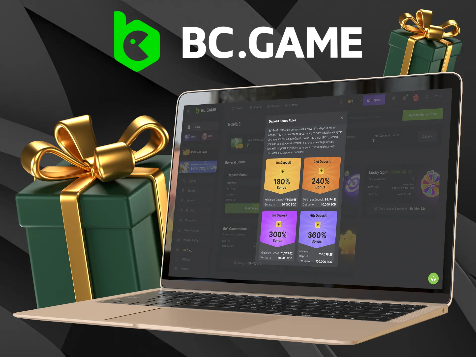 Laptop displaying BC.Game deposit bonus offers and information