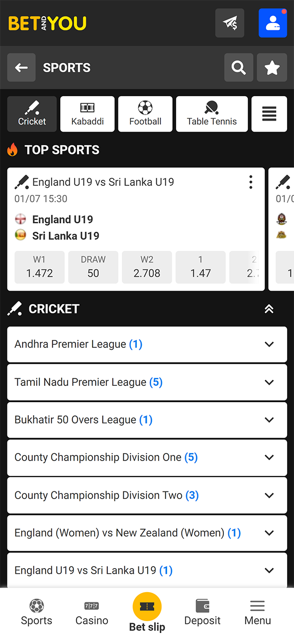 Find cricket in the sports section at Betandyou and click on it.