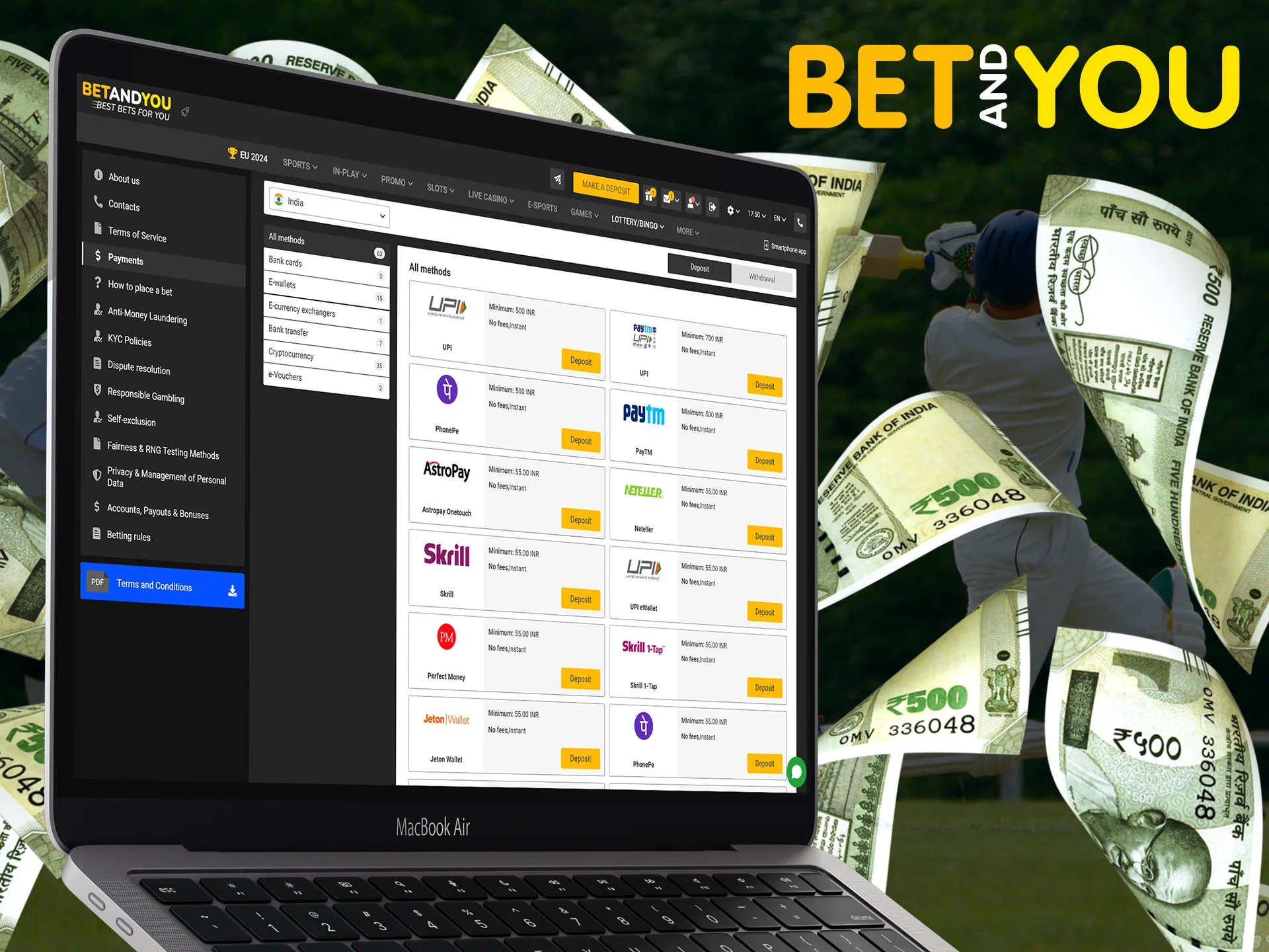 Betandyou offers fast and secure deposit methods.