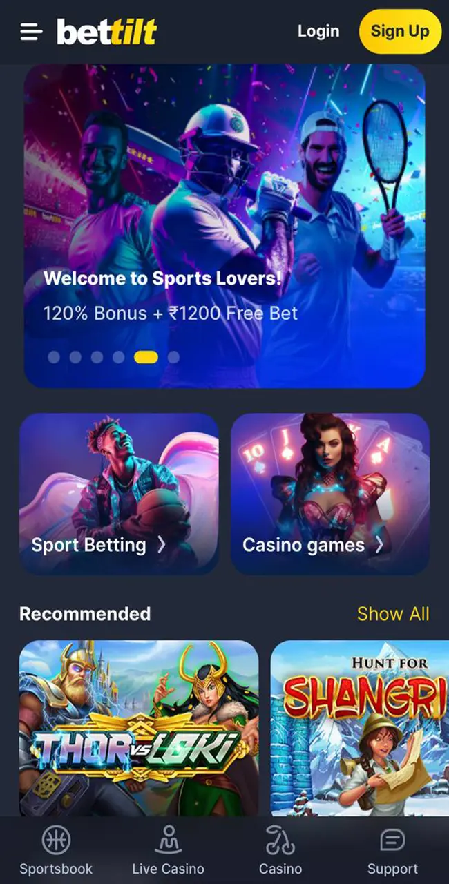 Home page on the app from Bettilt Casino.