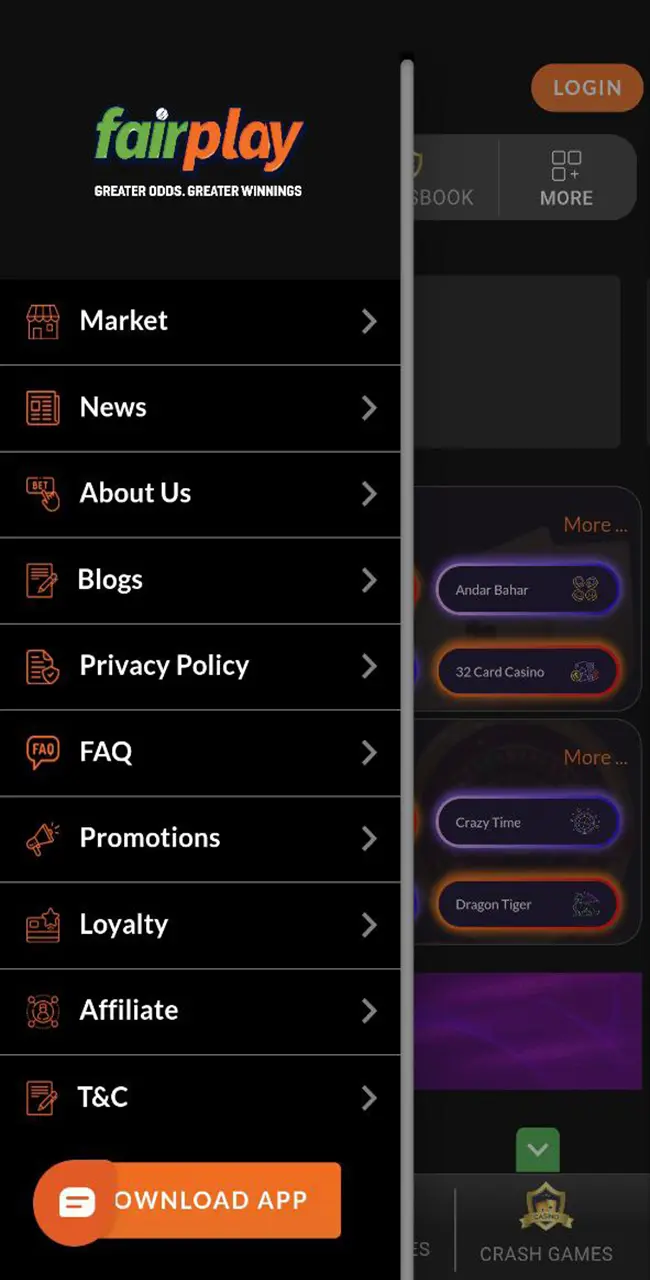 Open the tab with the apps available for download at Fairplay Casino.