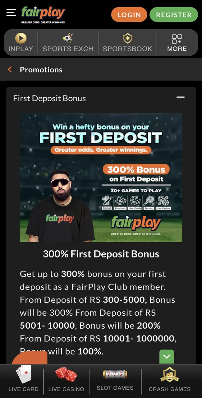 Bonuses and promotional offers available on the Fairplay app.