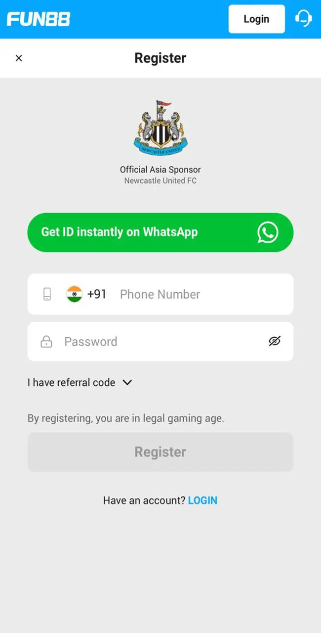 Fun88 app registration form.