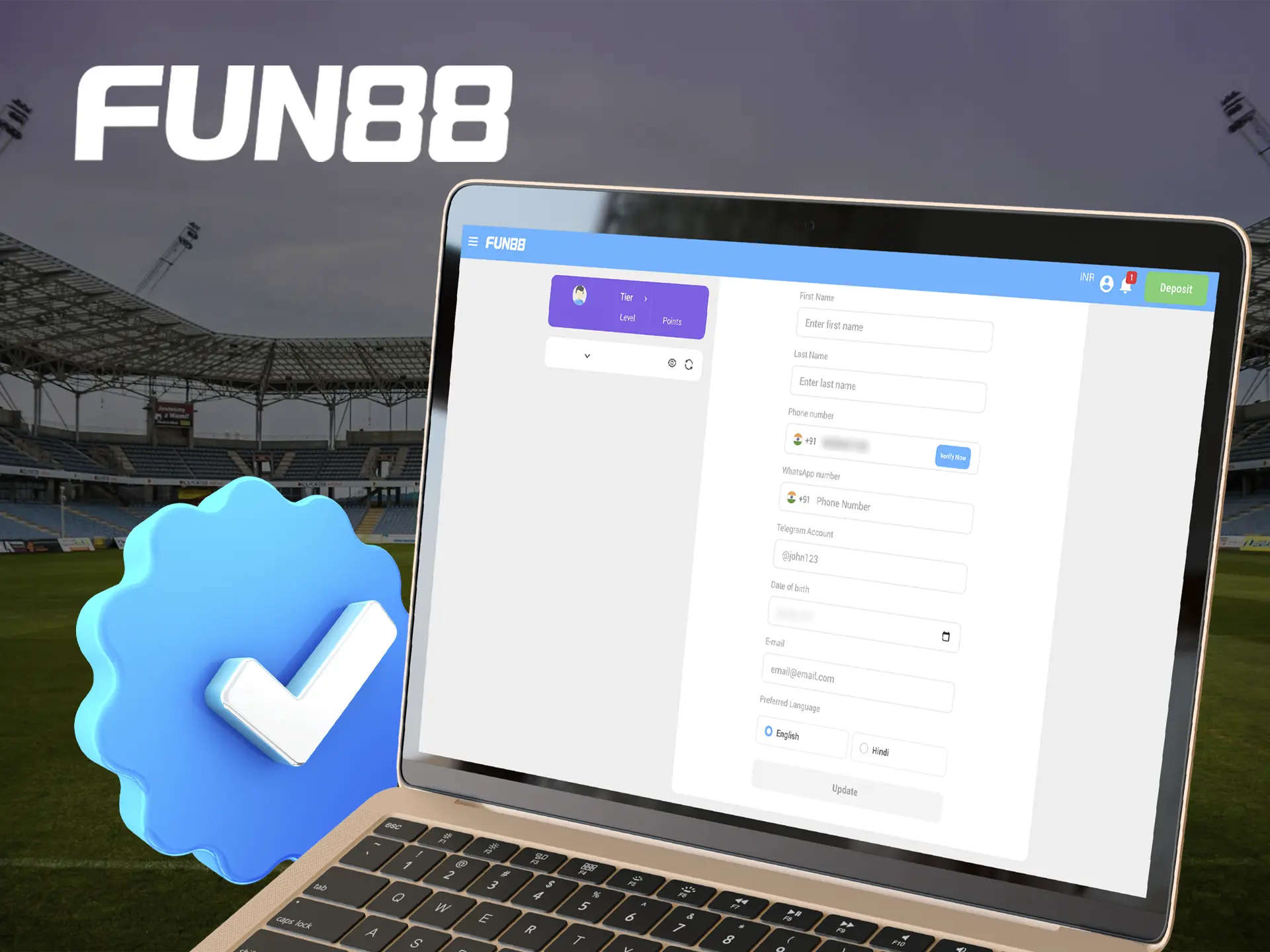 Confirm your account to access the full functionality of the Fun88 website.