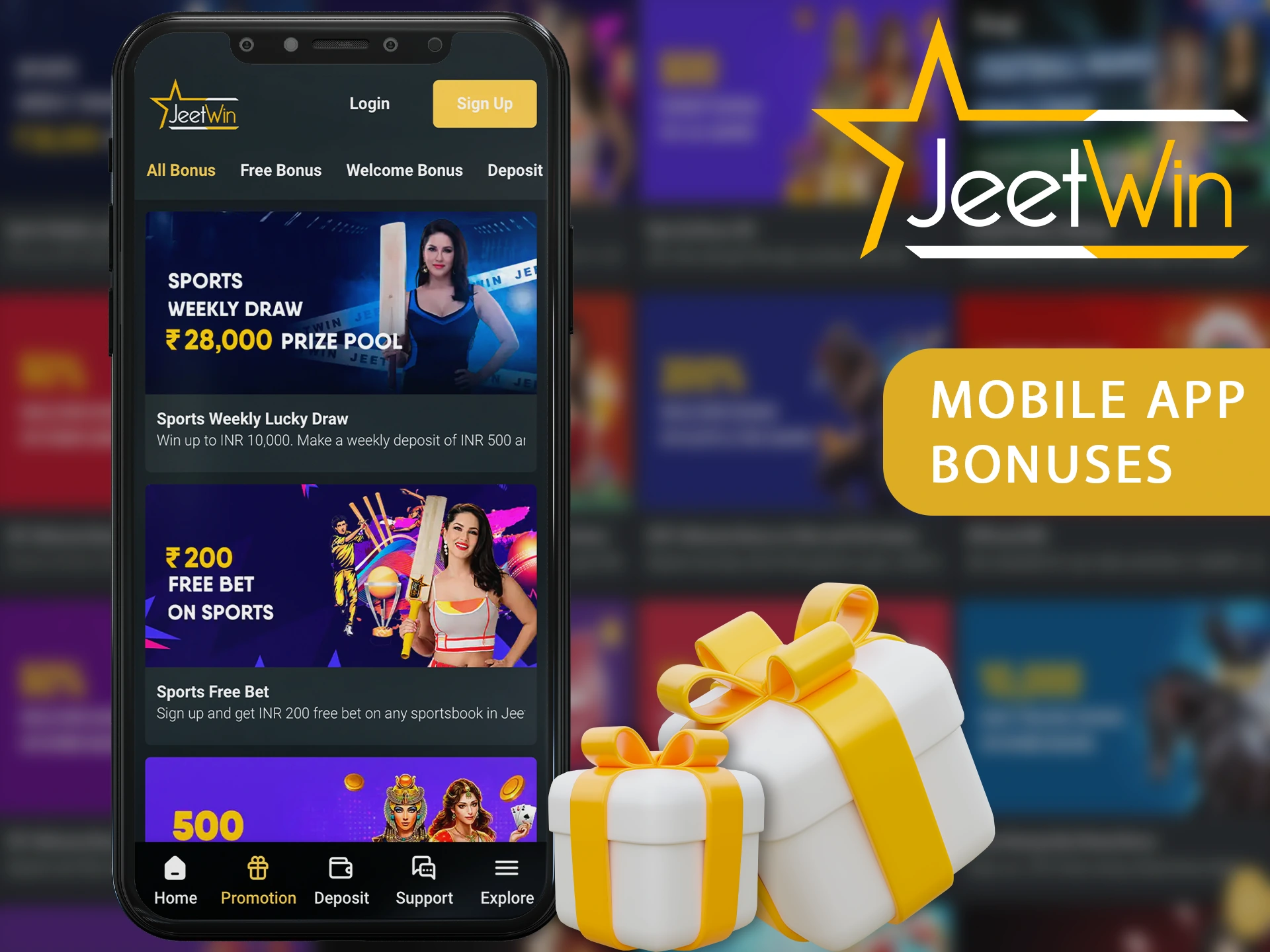 In the Jeetwin mobile app you will find many different sports bonuses and casino bonuses for more profits.