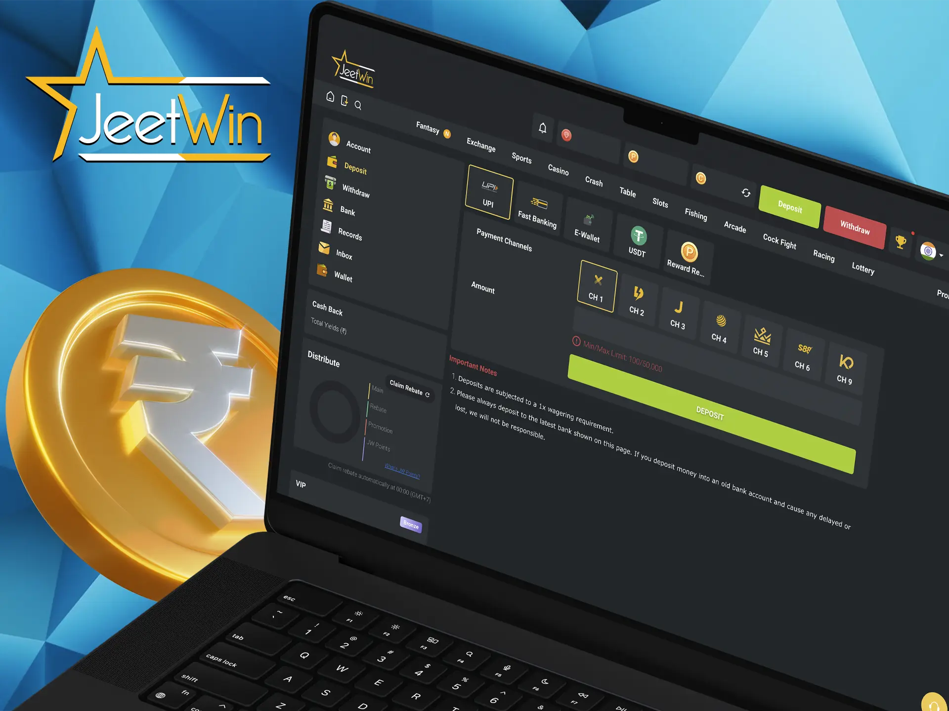 Use convenient for you deposit and withdrawal methods from Jeetwin Casino.
