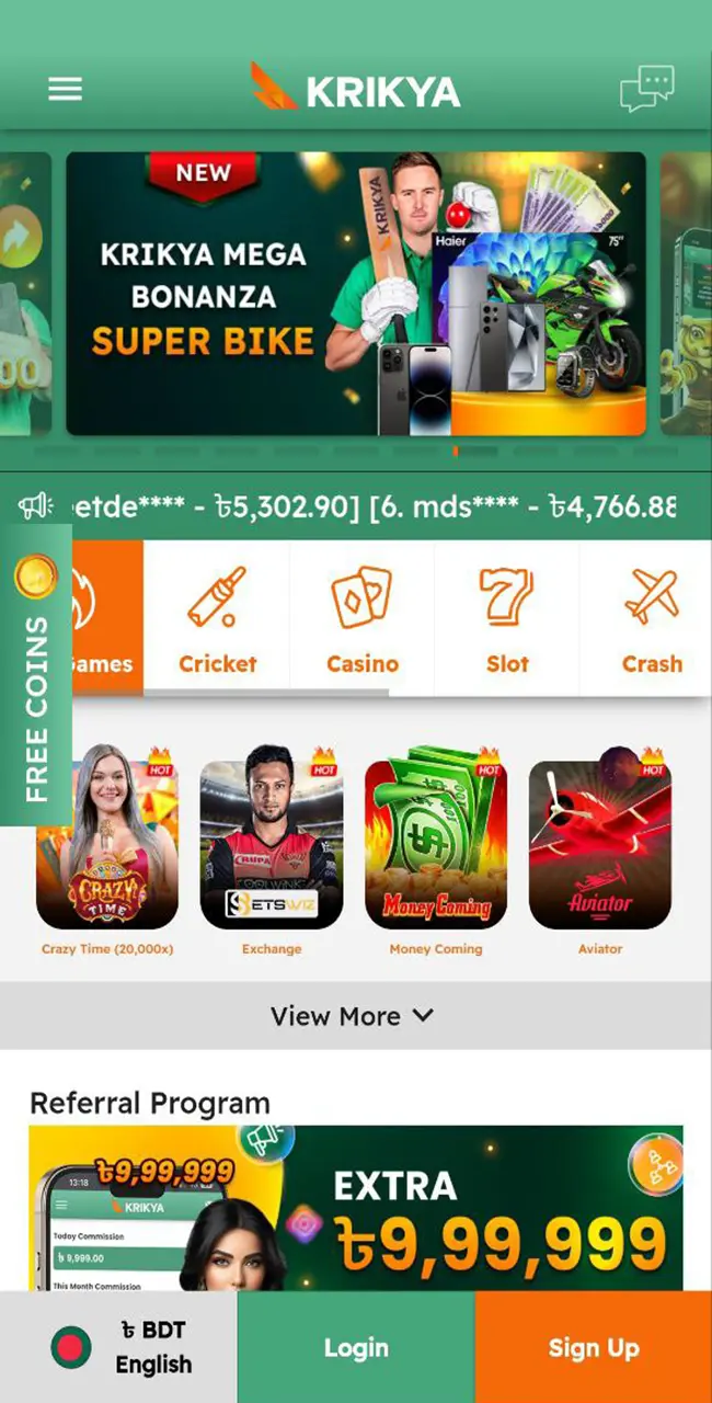 Launch the Krikya casino website on your Android device.