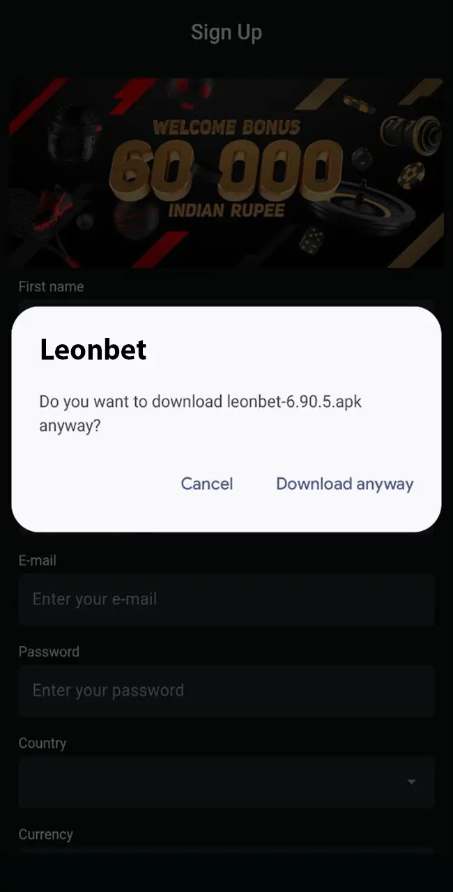 Download and install the Leonbets app on your phone desktop.