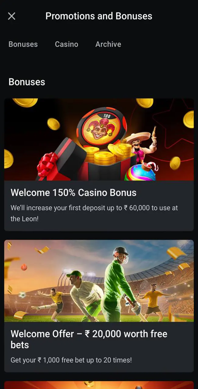 Promotions and bonus programmes from Leonbets Casino.