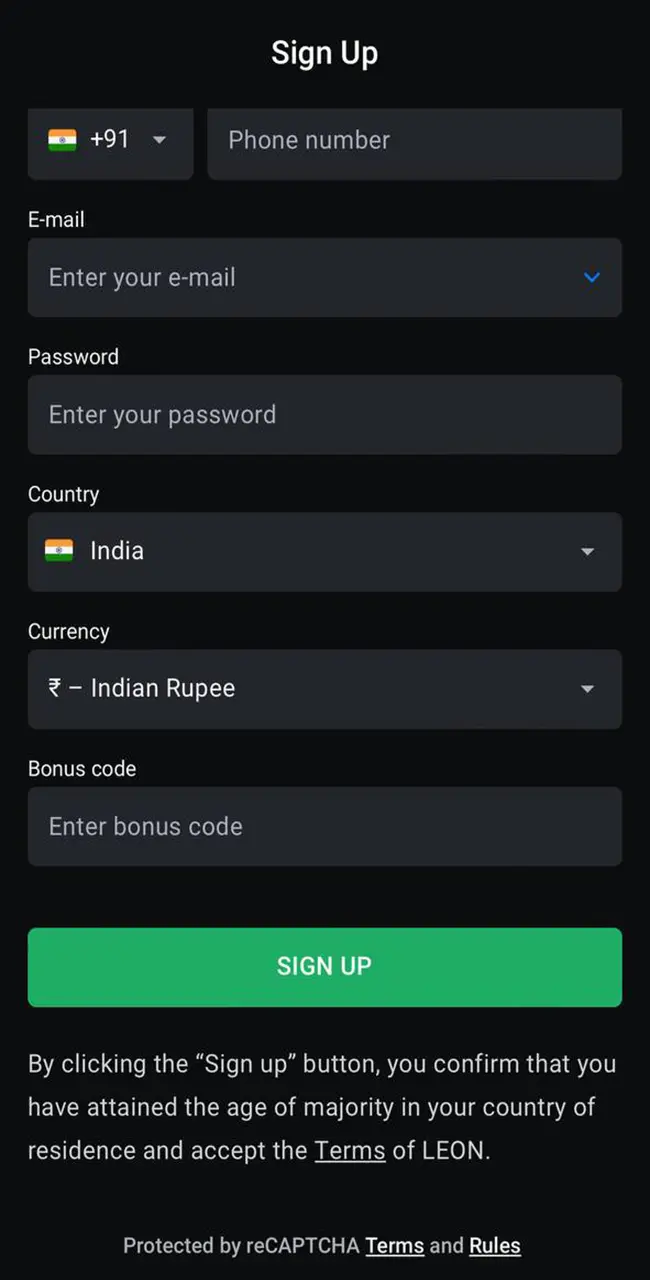 Registration in the Leonbets app.