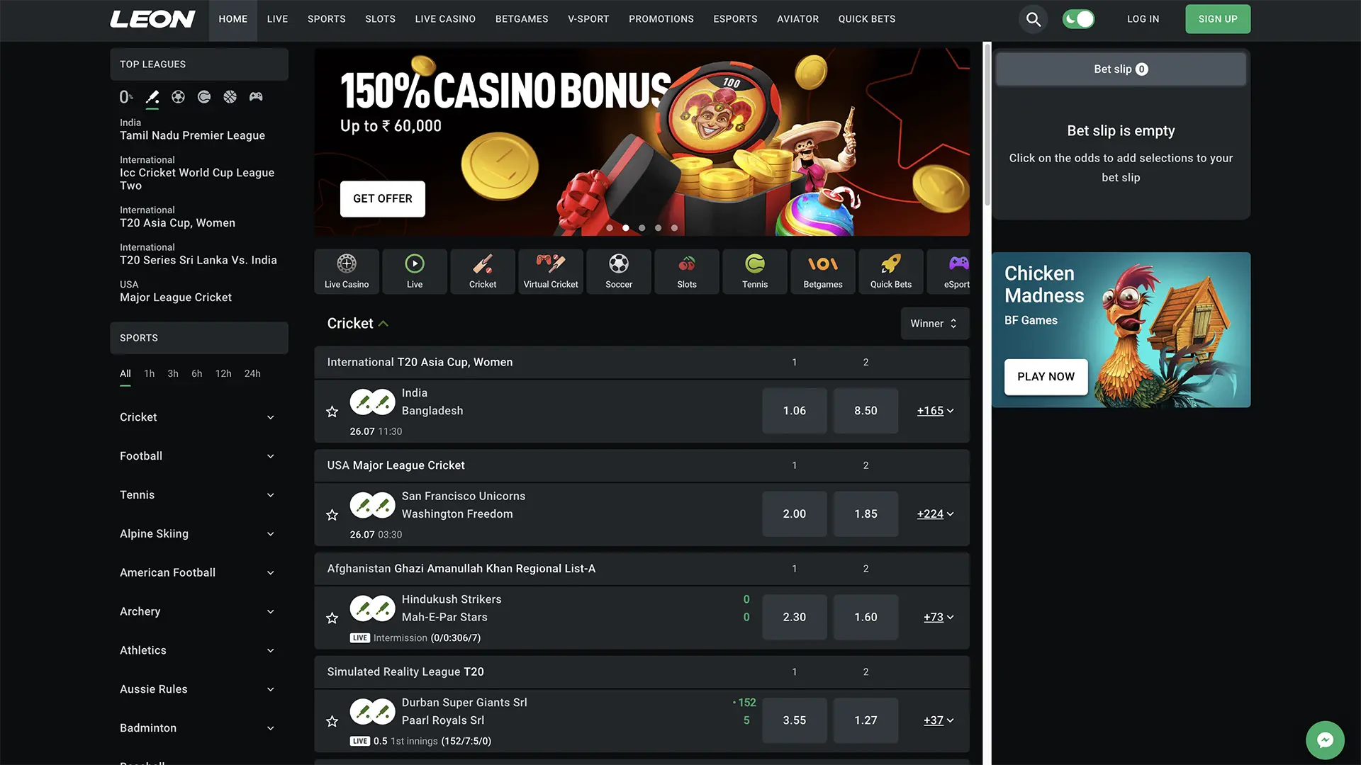 Betting on the most popular sport of cricket from Leonbets Casino.