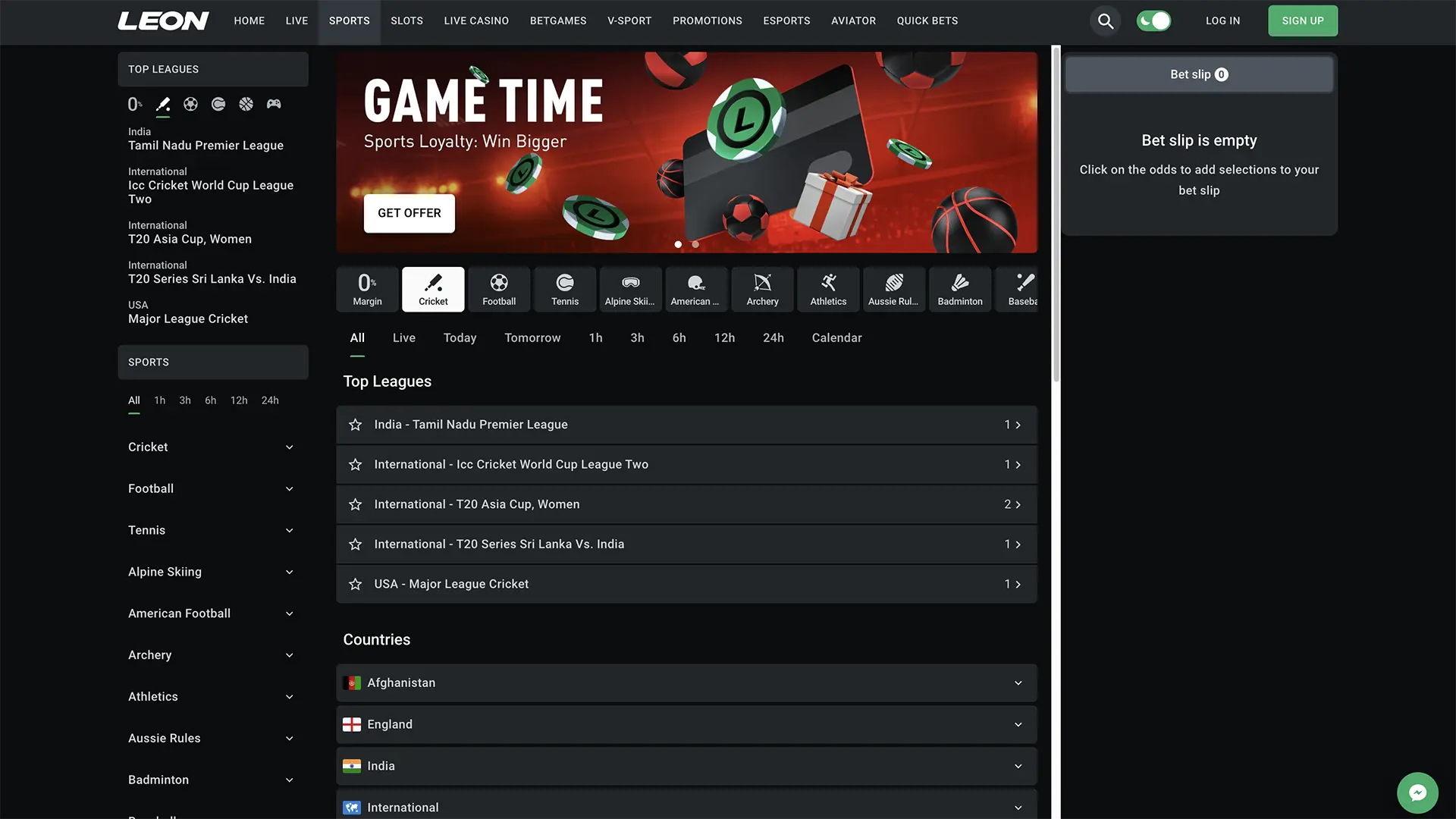 Home page of the desktop version of Leonbets Casino.