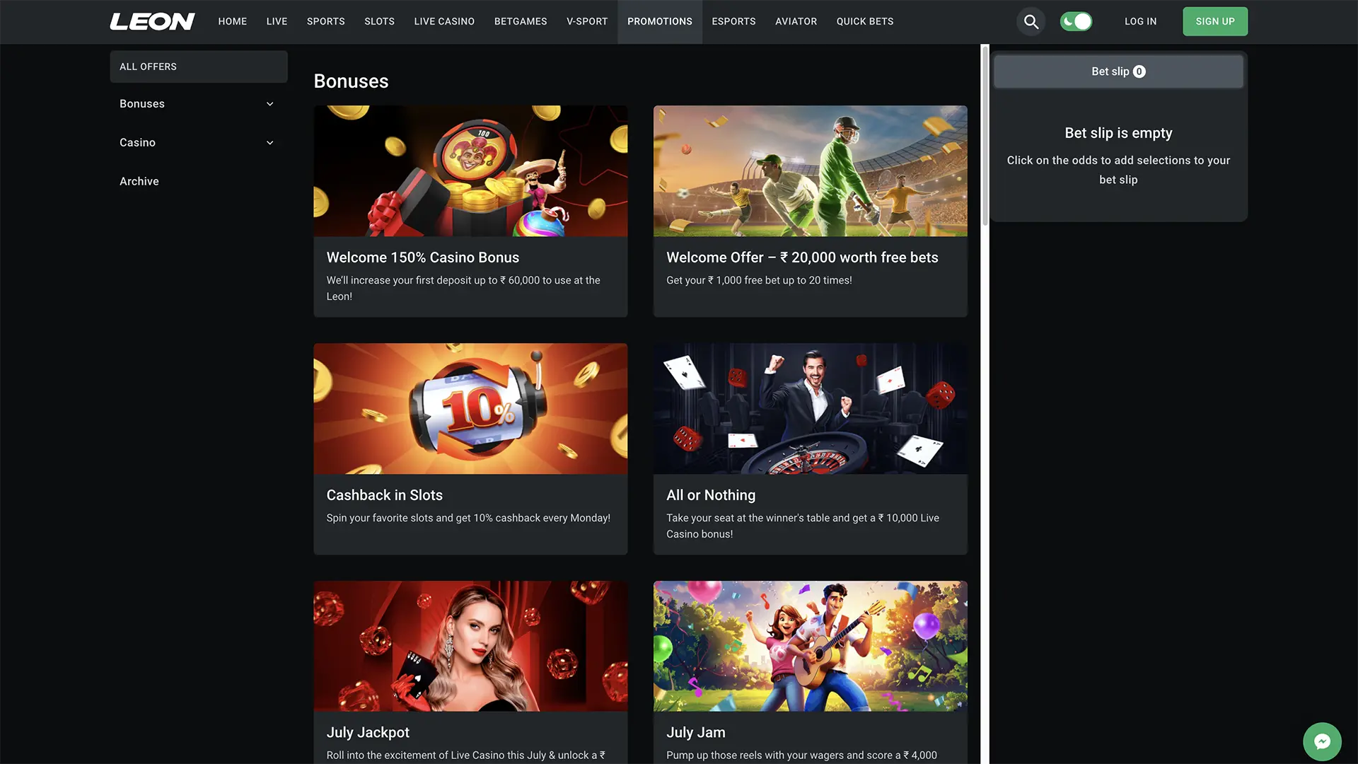 Promotions and bonuses from Leonbets Casino.